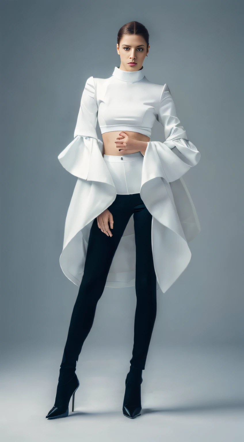 Woman in white top and black pants poses for photo, high-end fashion photoshoot, White sleeves, elegant fashion model, trendy white clothing, Contemporary Fashion Photography, voluminous sleeves, Elegant asymmetry, white silky outfit, Futuristic fashion, style of julia razumova, Futuristic fashion clothes, High Fashion Modeling, High Fashion Models, full shot fashion photography