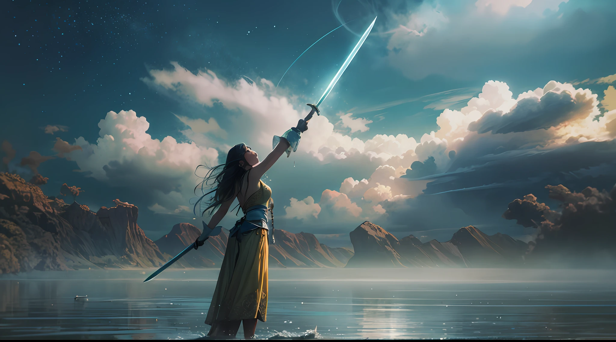 fotografia de paisagem expansiva, (a view from below that shows the sky above and the open field below), An Amazon woman standing in a lake looking up holding her sword to the heavens in search of a blessing, nuvens, birds, montanha distante, brazi, Production art, (fonte de luz quente: 1.2), animais selvagens, folhas ao vento, muito verde e azul, detalhes complexos, volumeric lighting, Realismo, obra-prima, melhor qualidade, 4k, ultra-detalhado, dynamic compositing, altamente detalhado, detalhes coloridos, (cores iridescentes: 1.2), (bright illumination, Atmospheric Illumination), sonhador, Magia, (sozinho: 1.2)