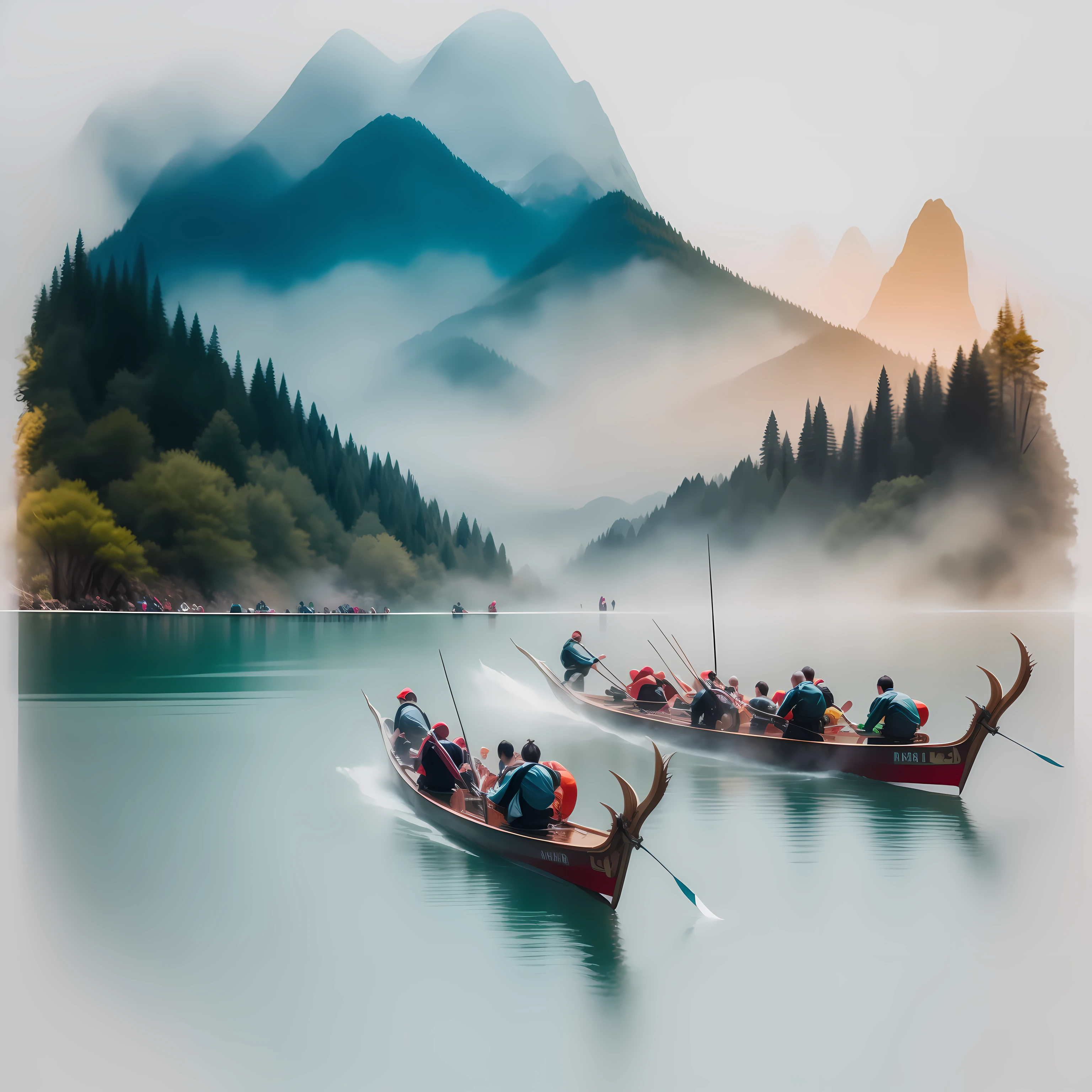 Dragon boat races，White background, scenery, ink, Mountains, water, green trees