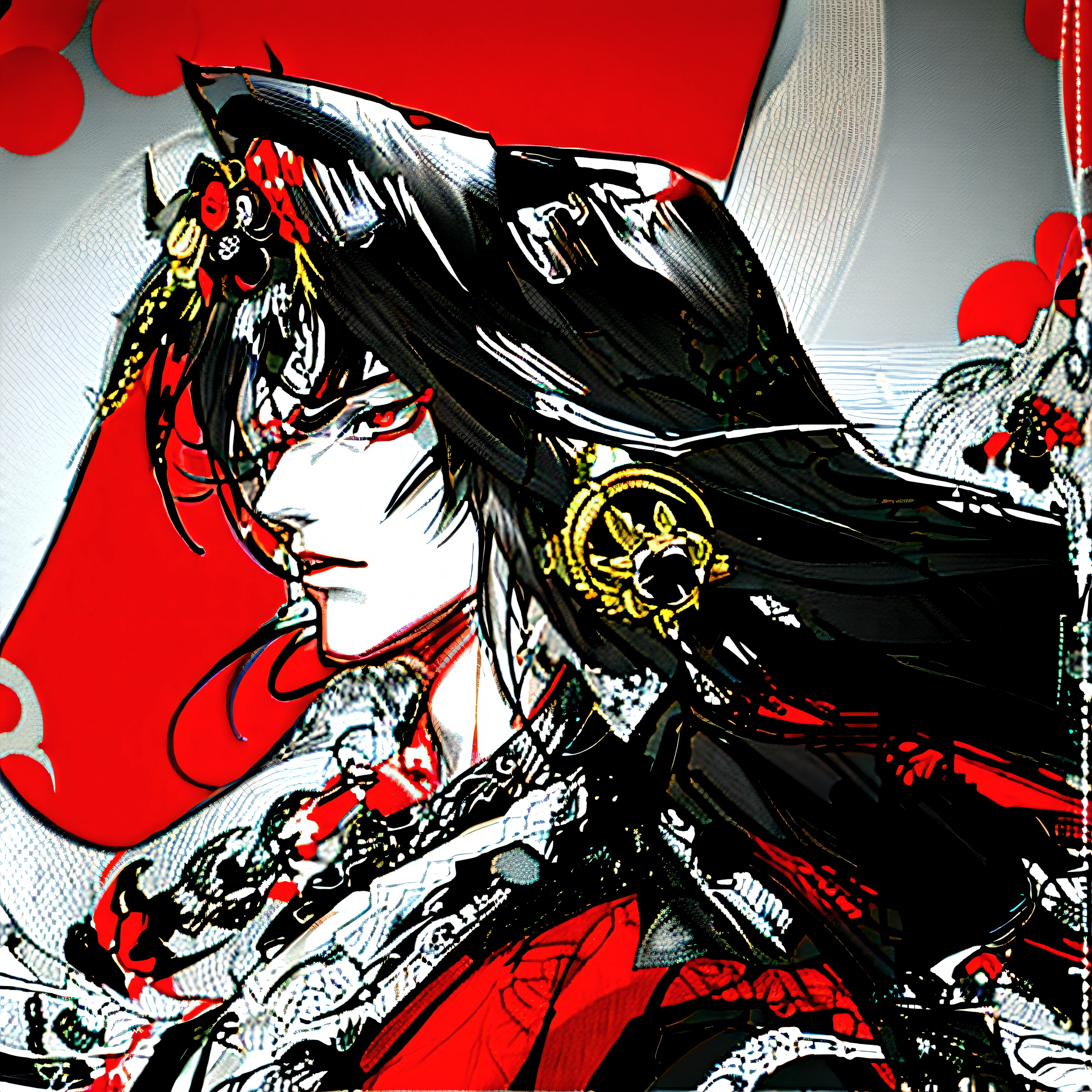 anime big breast, Black hair, Red eyes, Black cape, White background, Black and white, Black and red, Black and white, Black and white, black,, sengoku - era art style, onmyoji portrait, Alukad, shigenori soejima illustration, from sengoku period, Onmyoji detailed art, handsome japanese demon boy,4k,ultra-delicate