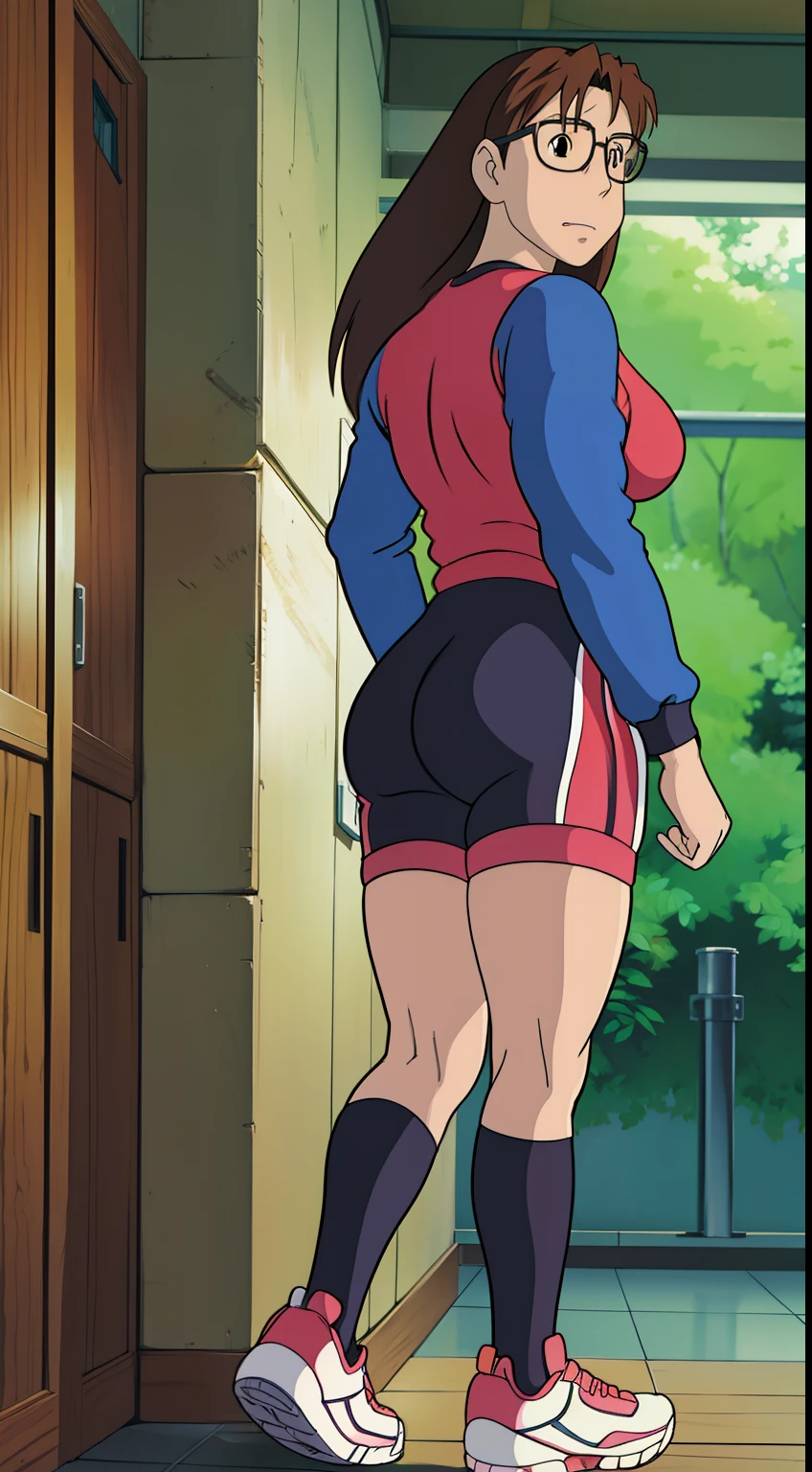 Koyomi Mizuhara, brown hair, long hair, glasses, brown eyes, luscious lips, smug,  Sleeved shirt jersey, large breasts,  gym biker shorts, socks, shoes, Wallpaper, Standing upright, sexual poses, close up, back side view,