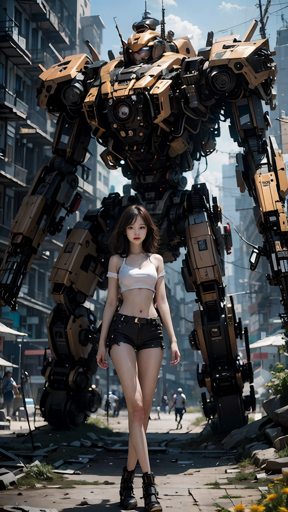 ((masterpiece, best quality)),illustration,ultra detailed 8k,photorealistic,sharp focus,highly detailed,professional lighting,colorful details,iridescent colors BREAK extreme long shot of a factory,large mechanical robot construction,microchip,computer,glowing,intricate details,shitu-mecha,1girl is standing in front of the audience,Navel