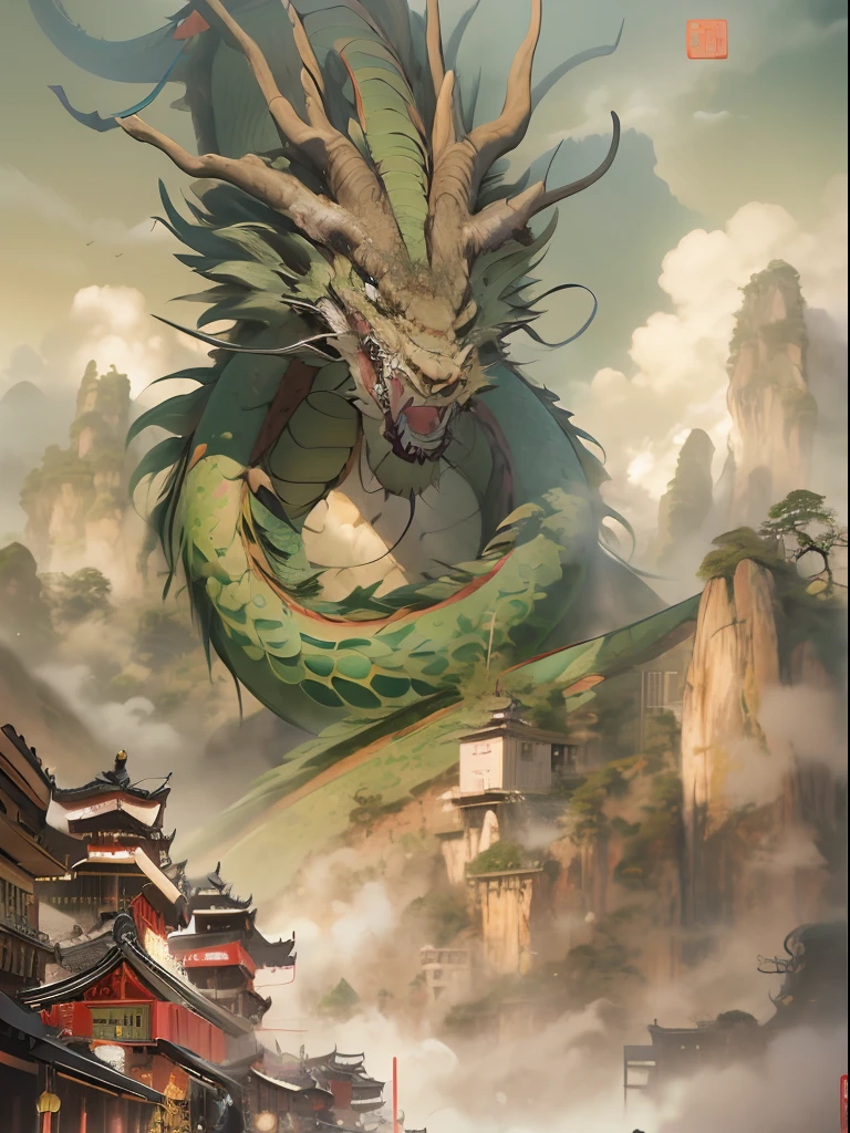 First-person perspective reaches out to touch the giant Chinese green dragon,A giant dragon head reaches out to the audience,The mountains of Zhangjiajie,Megalophobia,POV view, Ultra-wide angle,Ultra-low angle shooting,by Alphonse Mucha,arthur rackham,James Jean, and Victor S.,dan munford,Depth of field, Gigantic,Meticulous Chinese painting,LNK style, Gilt,Diagonal composition,bold line art,Stroke, outline,Prior,Fluid