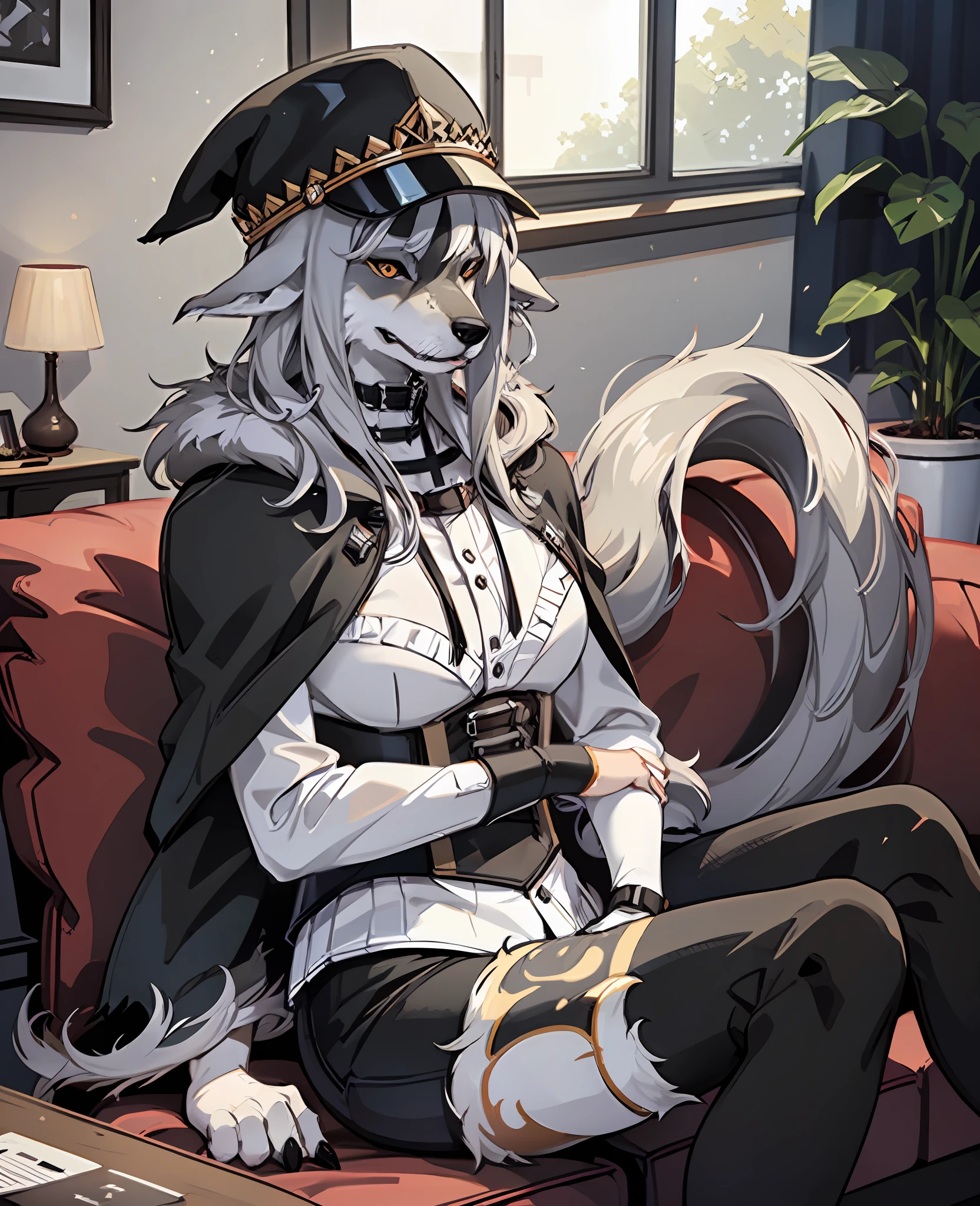 (Wolf, furry, anthropomorphic), Male, siting on couch, inside, Living room, wearing shorts, wearing large black hoodie, black hat backwards, Furry art, Fur on arms, big Fluffy tail, fur on legs, (Fur covering whole body, Best quality)