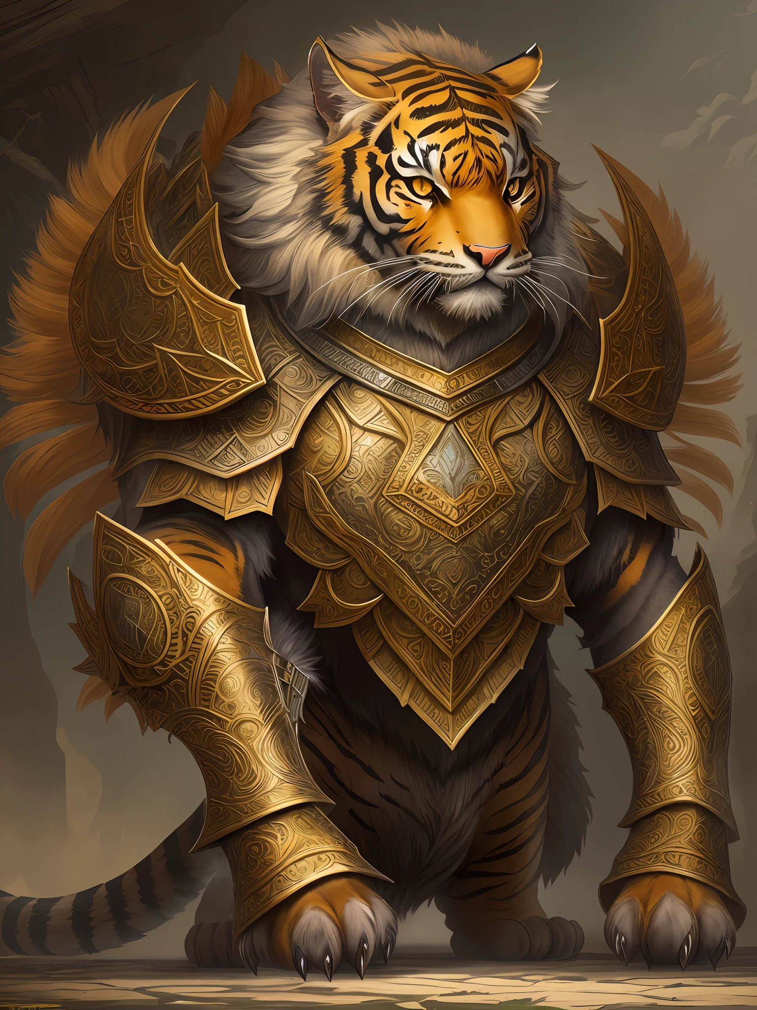 "A majestic "Battle Cat" with intricate armor stands tall. It is a massive, tiger-like creature adorned with a magnificent saddle. A fearless animal warrior ready for battle."