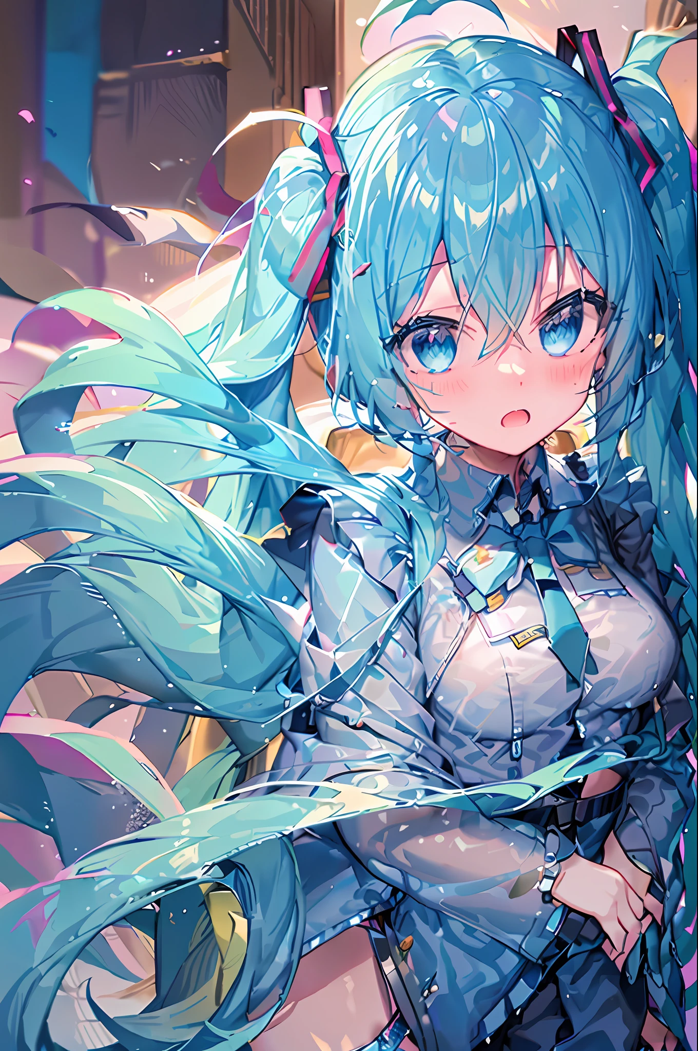 masterpiece, best quality, 1girl, Hatsune Miku, looking at viewer, hair between eyes, aqua eyes, blue hair, long hair, twintail hair, hair ribbon, lingerie, garter straps, garter belt, cleavage, bra, underwear, cowboy shot, embarrassed, blush, Blue kimono, kimono,