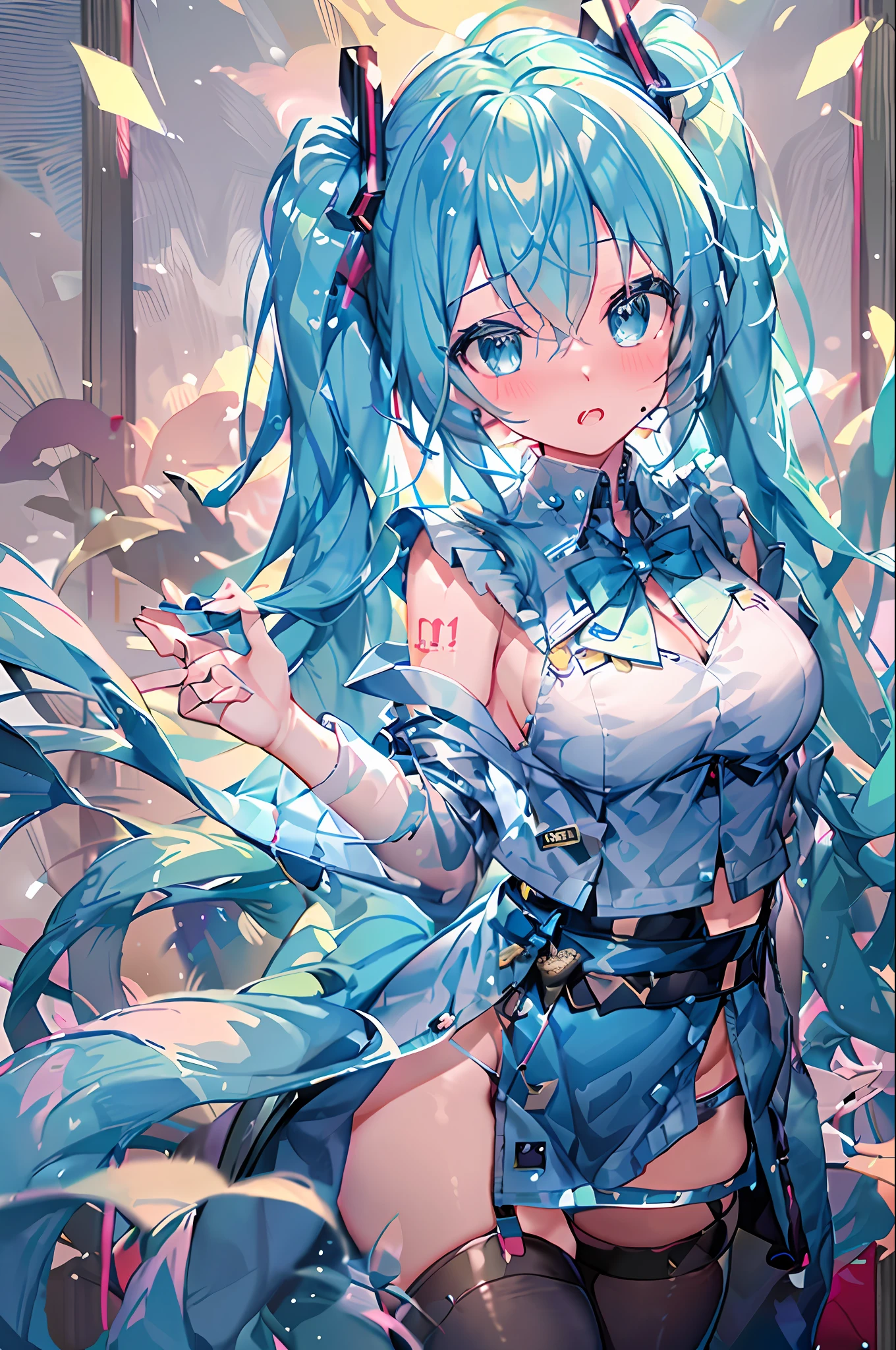 masterpiece, best quality, 1girl, Hatsune Miku, looking at viewer, hair between eyes, aqua eyes, blue hair, long hair, twintail hair, hair ribbon, lingerie, garter straps, garter belt, cleavage, bra, underwear, cowboy shot, embarrassed, blush, Blue kimono, kimono,
