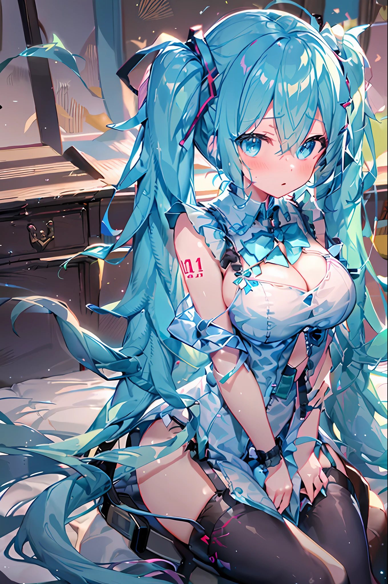 masterpiece, best quality, 1girl, Hatsune Miku, looking at viewer, hair between eyes, aqua eyes, blue hair, long hair, twintail hair, hair ribbon, lingerie, garter straps, garter belt, cleavage, bra, underwear, cowboy shot, embarrassed, blush, Blue kimono, kimono,
