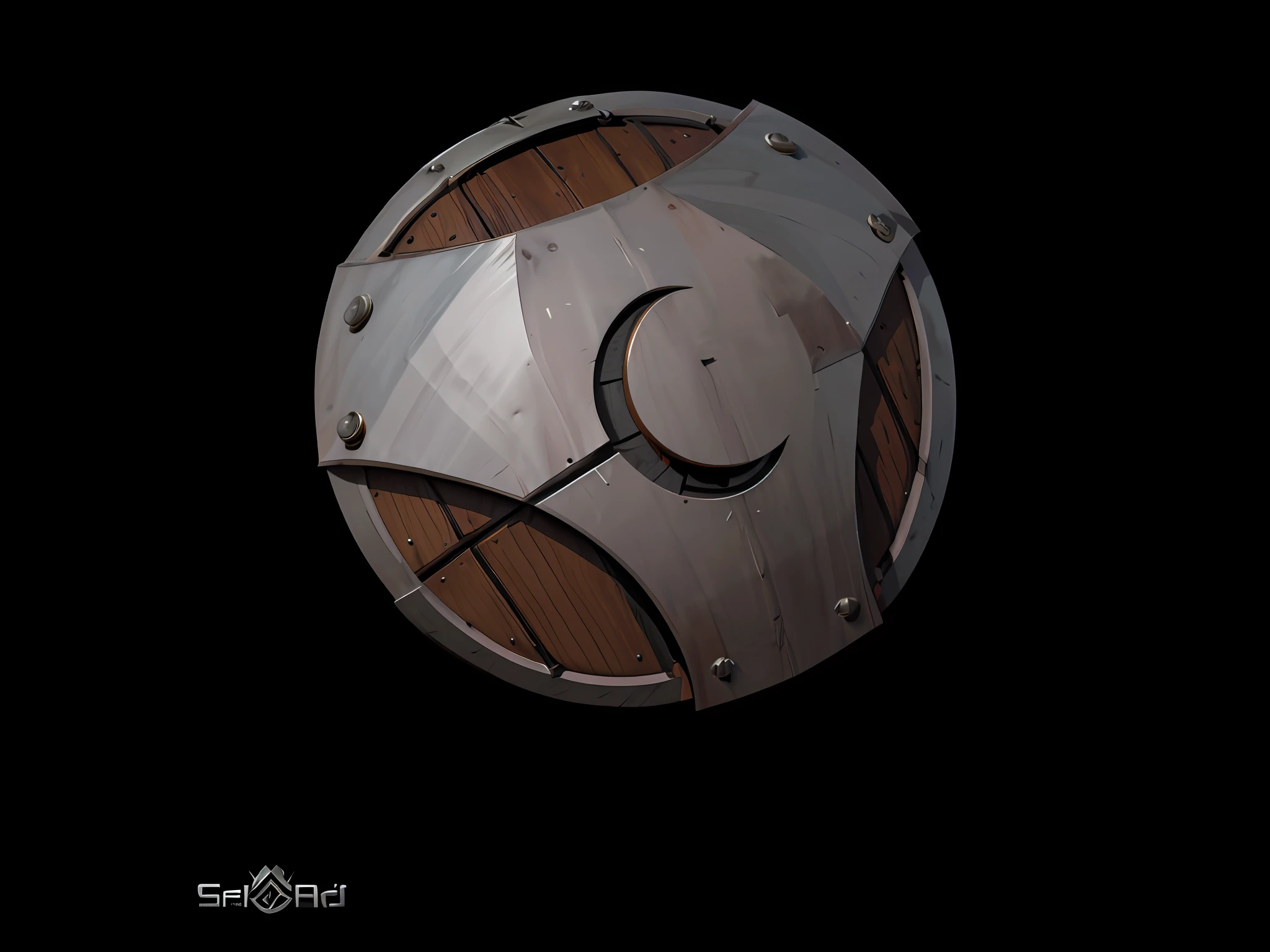 Close-up of wooden shield,The shielding surface is covered with a layer of metal,It has a crescent on it, shield design, fantasy shield, stylized pbr, blender-hard-surface, hard surface model, spaceship hull texture