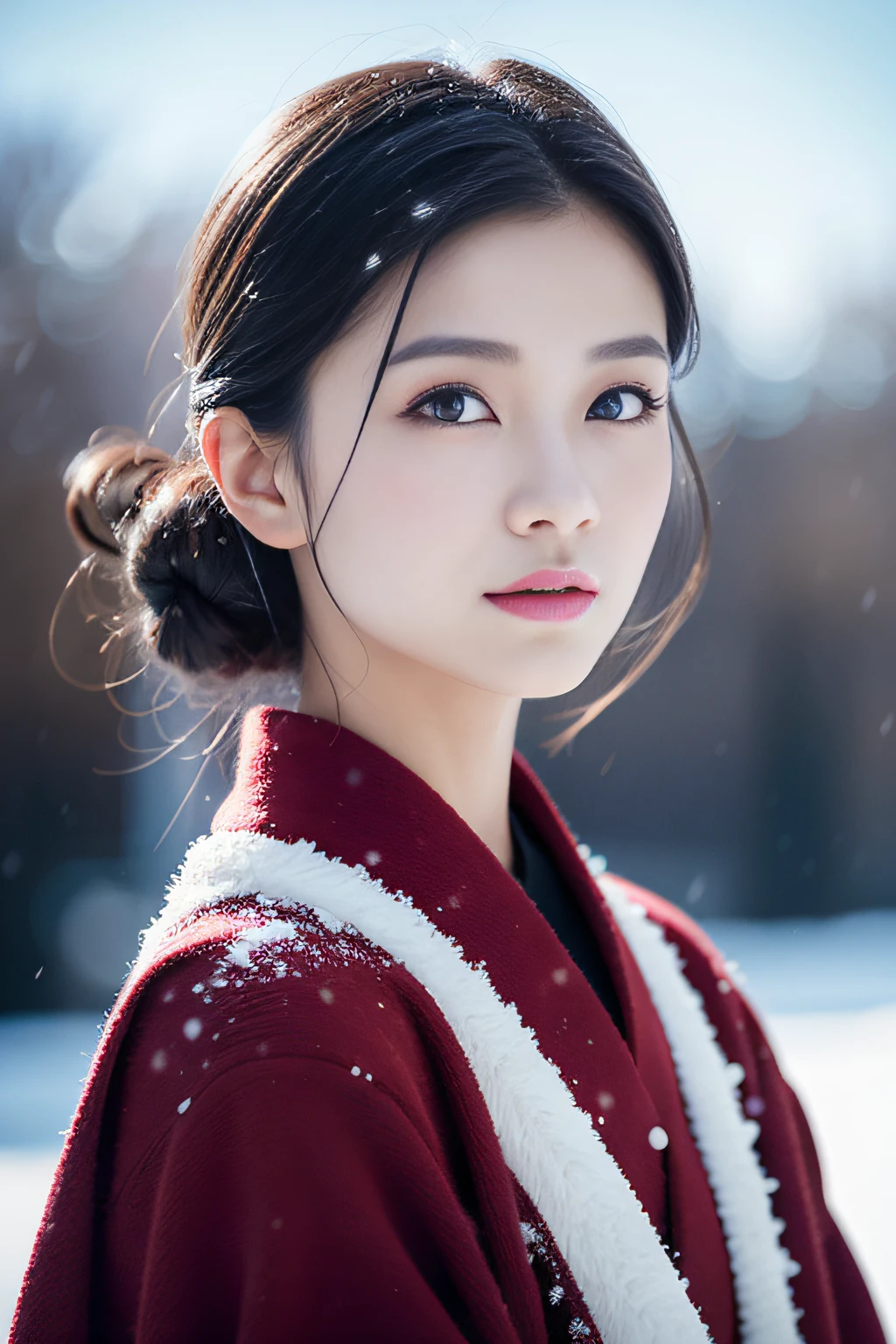 1 female,in snow,18yr old,(digital model:Nanako Matsushima 1.8),sideface,(Fine skeletal face,s delicate face),com rosto detalhado,(Traditional Japanese makeup),(Black colored eyes,(Look into the distance)) ,(Curly bun,((Windswept hair,Falling snow overhead))),Flaming red lips,Fair smooth skin,(Best Skin Type:1.21),(((Pure white kimono)),(Red inner collar+Red waist seal),masterpiece1.3,)((Hasselblad photograp)),(Close-up of avatar,Avatar photo),scene:Her skin beats snow in a blizzard,Black hair and red lips,Black dark lines on clothes,Red waist band,Beauty meets snow,Snow map style,8K分辨率, physically-based renderingt,profesional lighting,Surreal photography,exquisite detailing,详细的脸,The picture is pure,Perfect posture,Ultra-fine makeup,Ultra-fine clothing material