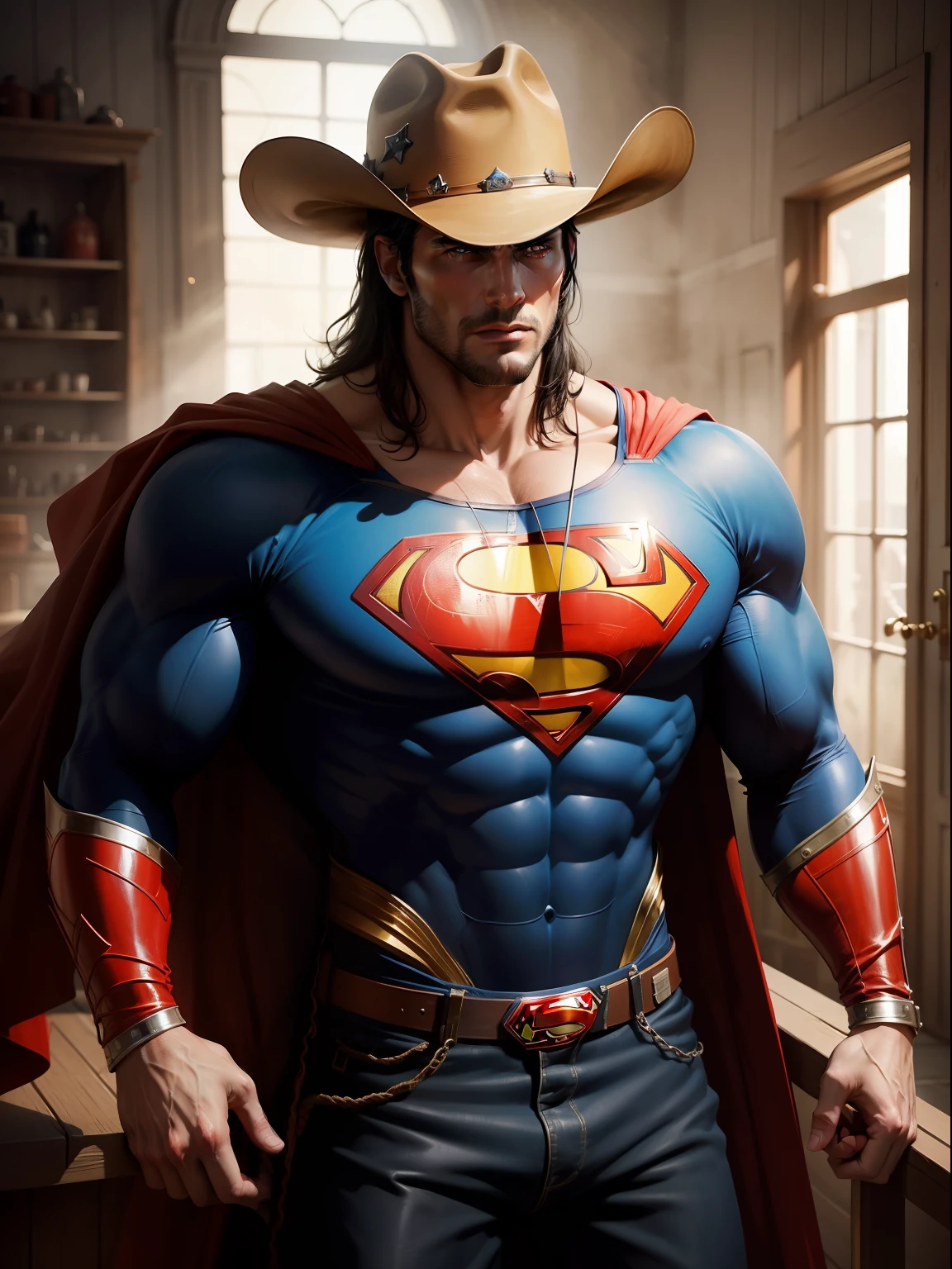 A Dramatic superman as a cowboy ride a horse wearing Cowboys clothes and Cowboys hat, cinematic, extreem realistic, extreem detailed, extreem Sharp, full body shot