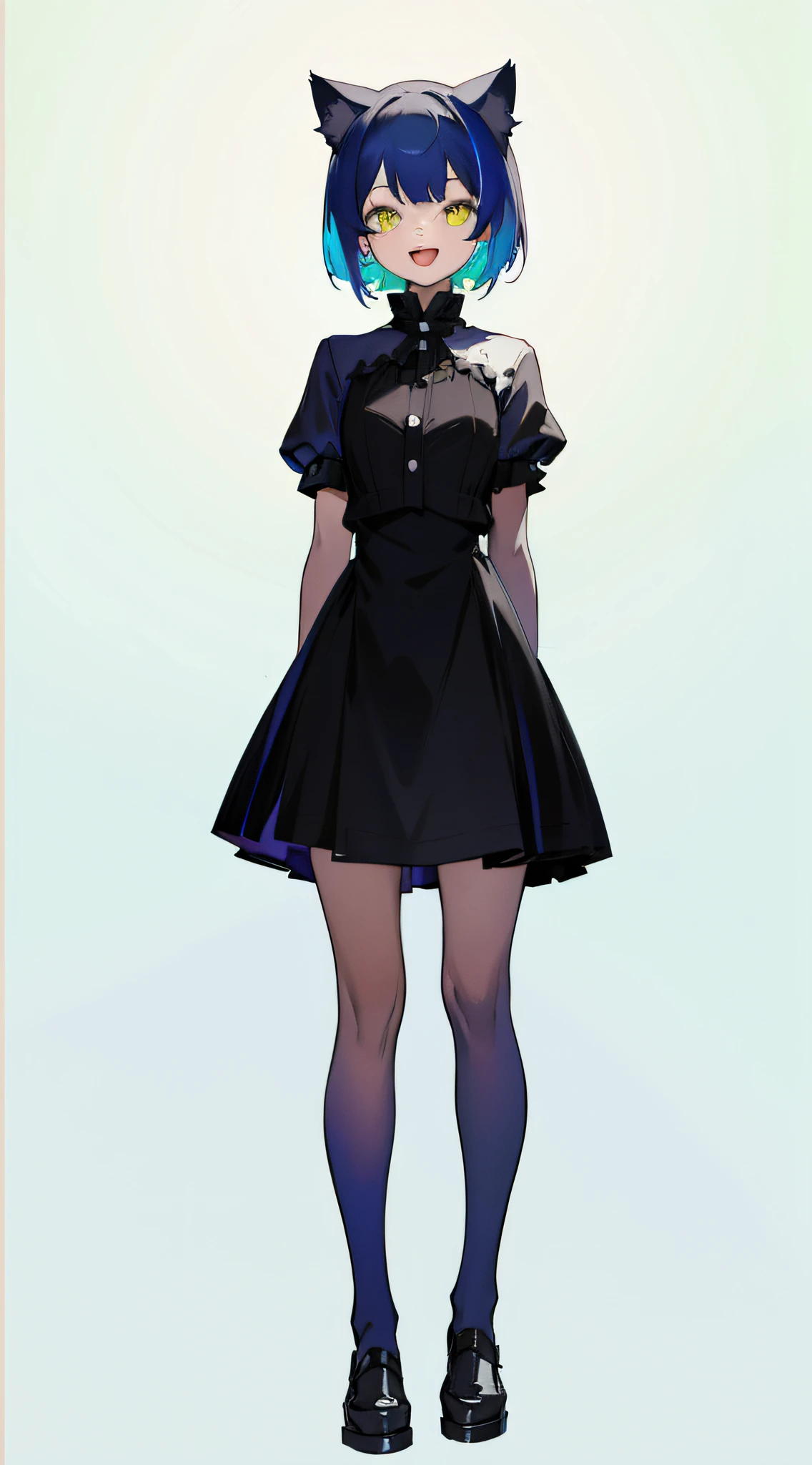 full body, upright, arms at sides, looking at viewer, pure-colored background, 1girl, open mouth, cat ears, smile, colored in colorful Gothic style