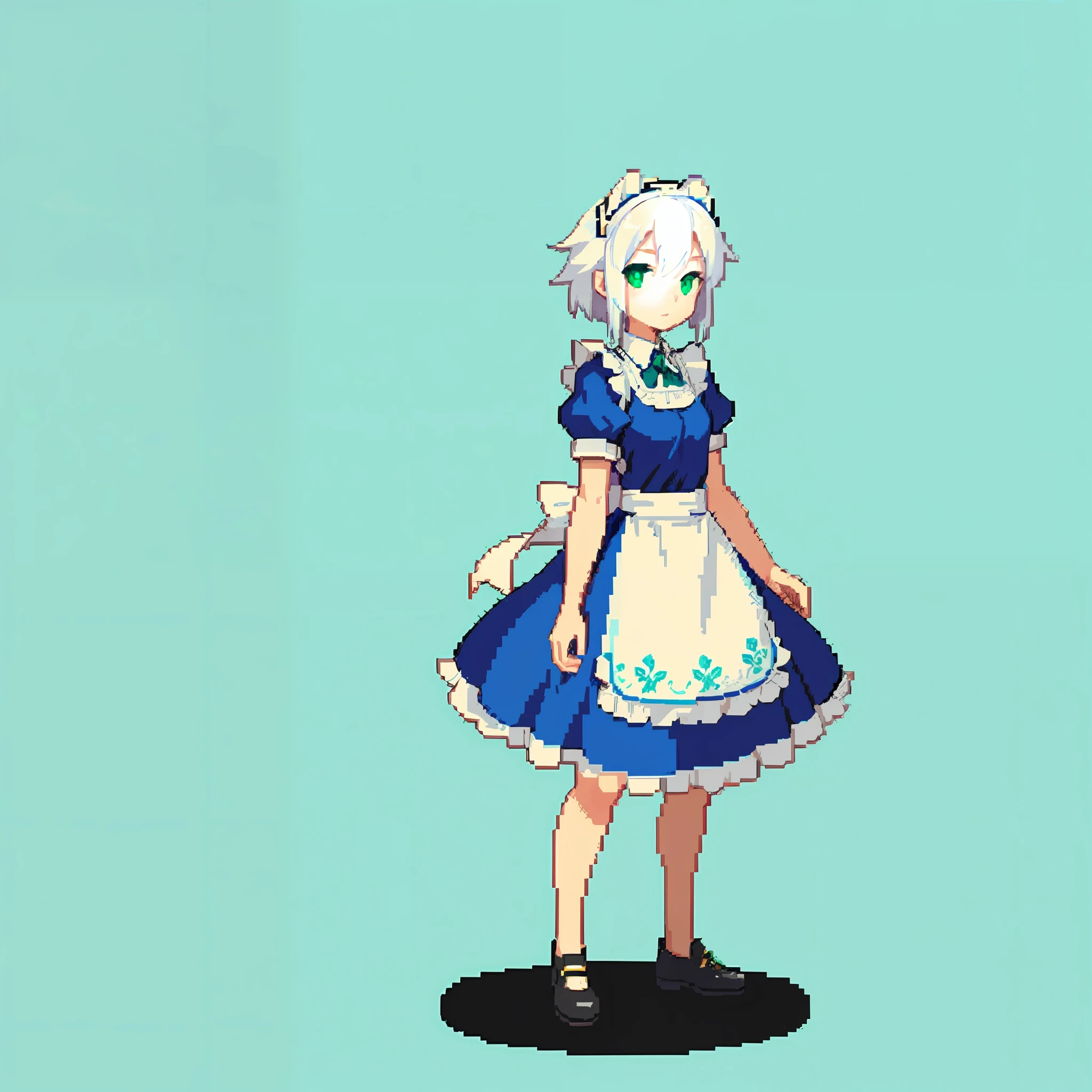 (masterpiece, top quality, best quality), pixel, pixel art, 1girl, full body, white hair, green eyes, blue maid dress