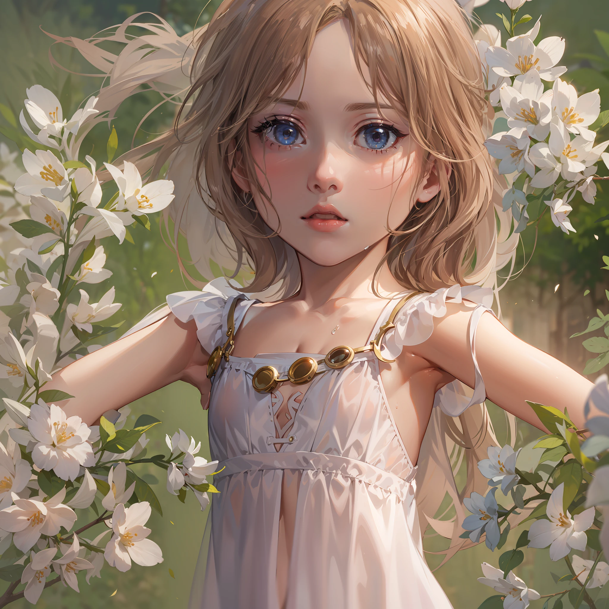 very cute female :1.1,10 yor Babydoll Fe:1.1, Barefoot,Sweat:1.1, Summer,day, Long hair,flat chest,Wind,Drooping sweat:1.1,(4K), (Raw photo: 1.2), (Realism: 1.4), (masutepiece: 1.3), (exquisite detailing: 1.2), Delicate and beautiful details, (Eye Detail), (Facial Detailed), (Highest Quality) :1.4), (Hyper-Resolution: 1.2),(very detailed illustration), Best Quality,depth of fields, Wide light, natural shadows