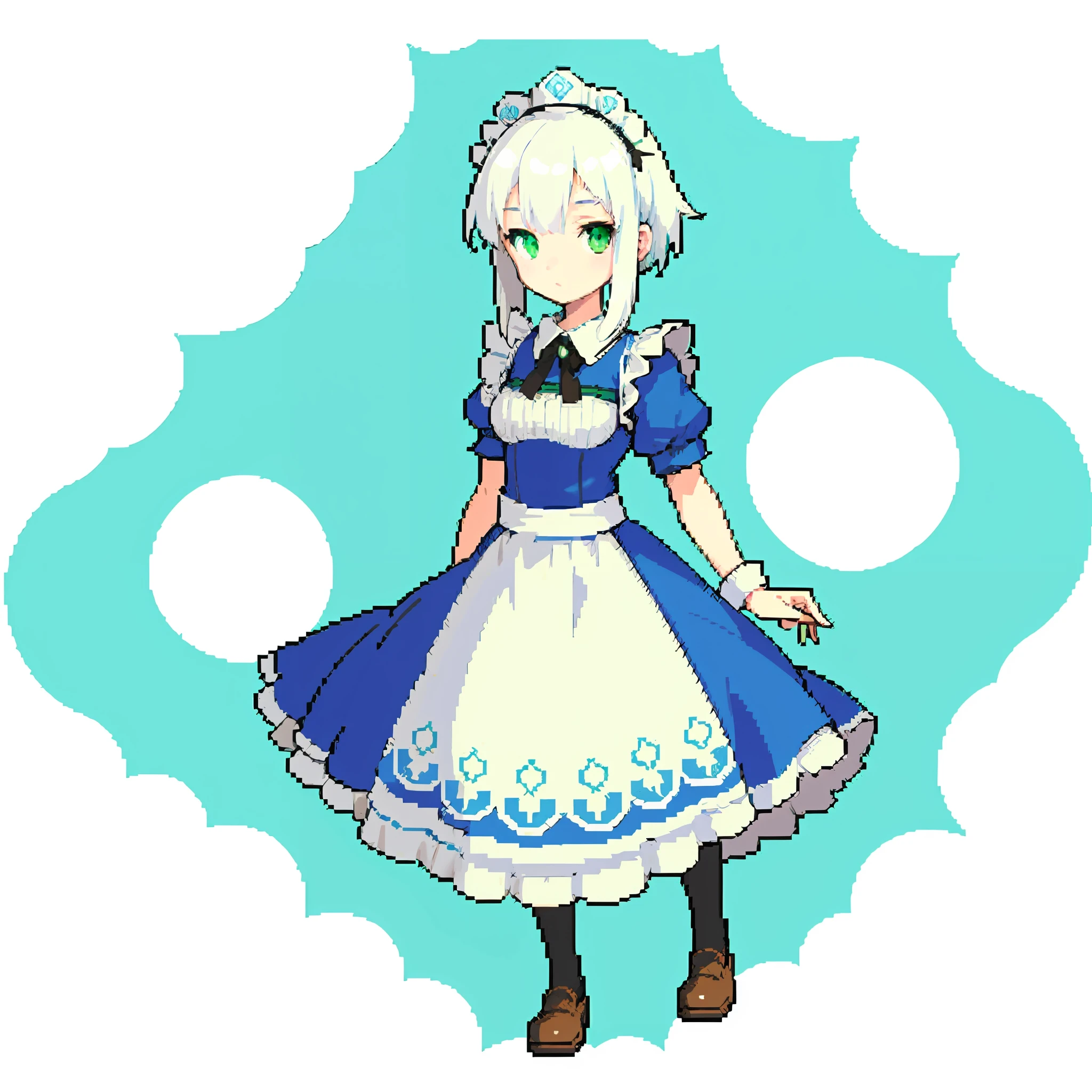 (masterpiece, top quality, best quality), pixel, pixel art, 1girl, full body, white hair, green eyes, blue maid dress