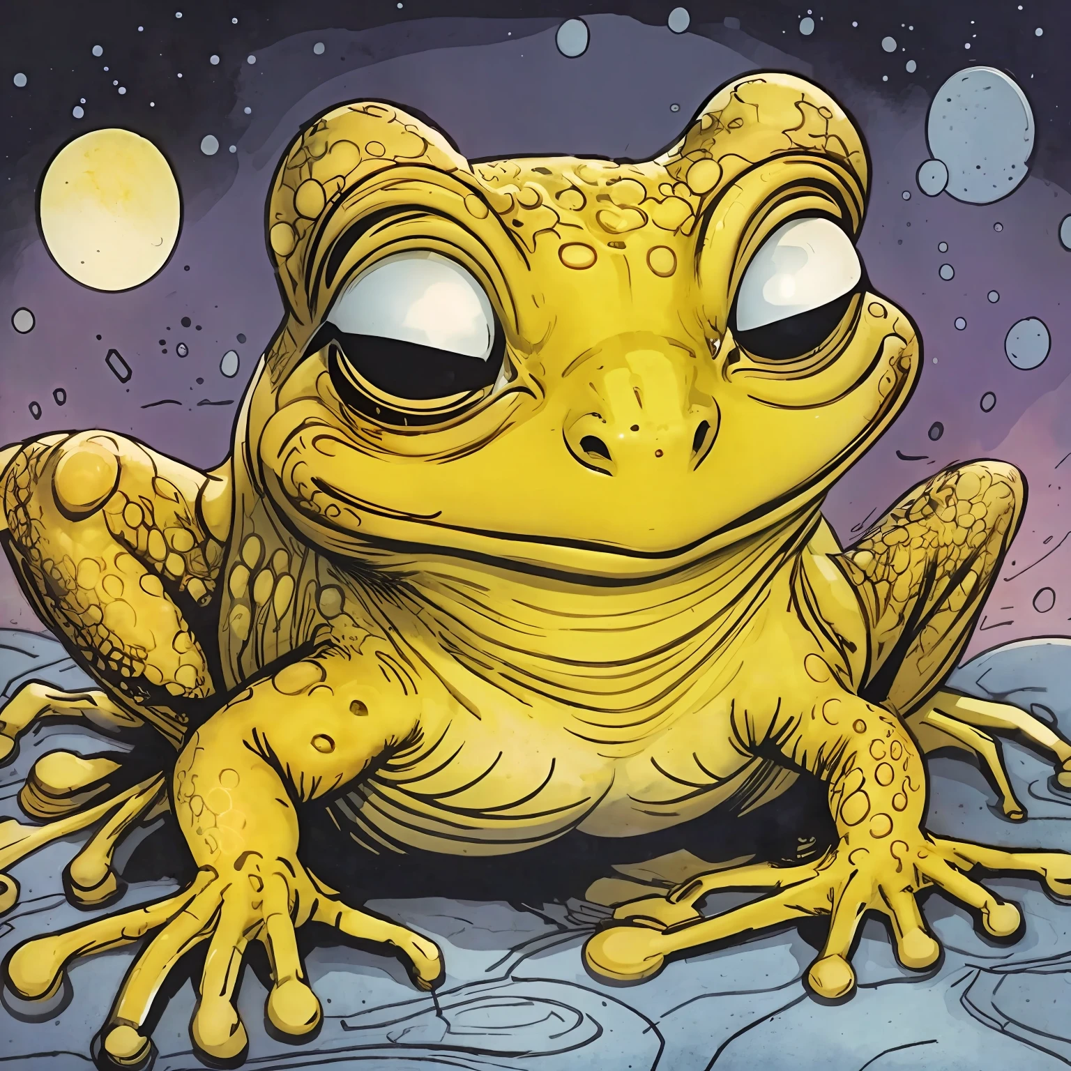sapo dos desenhos animados sentado em uma rocha com bolhas no fundo, alien frog, sapo muito detalhado, psychedelic frog, full-colour illustration, Highly detailed illustration, perspectiva do sapo, color digital illustration, frog, higher detailed illustration, Retrato de um sapo, detailed digital illustration, Froggy, Directed by: Justin Gerard, Directed by: Greg Staples, Sapo grande, O sapo de quarta-feira, Sapo