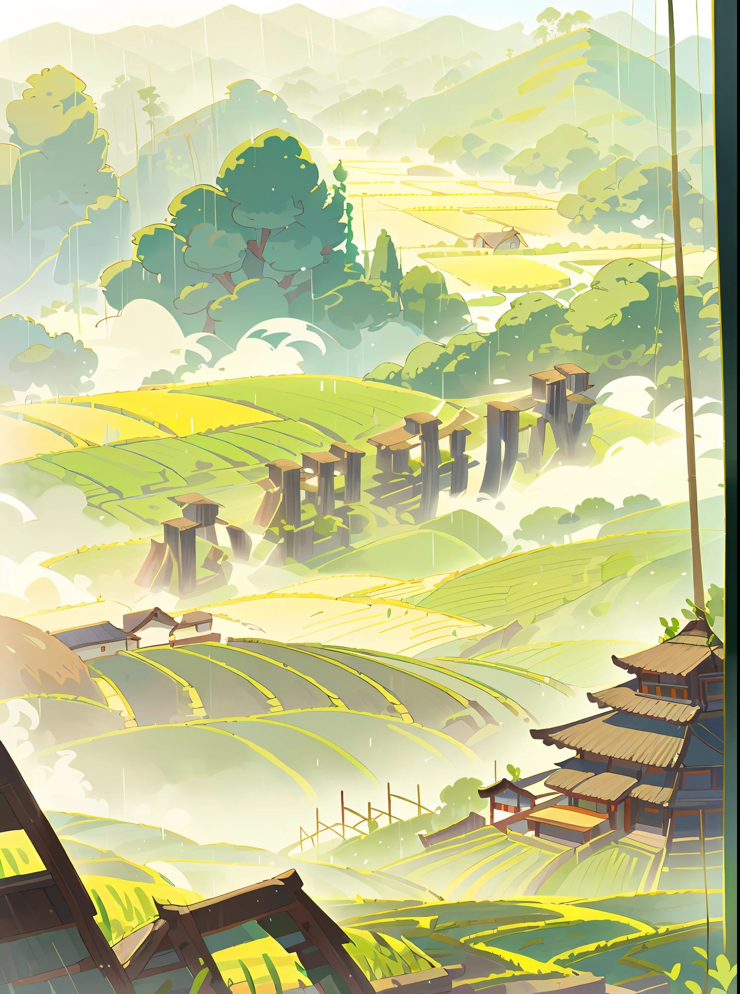 Large expanses of terraced fields, mountains, huts, with rice fields, rice fields, neat rice seedlings in the fields, misty rain, villages, agriculture, in the tranquil landscape, misty weather, in the vast tranquil landscape, in the early morning, in the morning mist, behind a small village, mist, Japanese countryside, thatched roofs --v 6