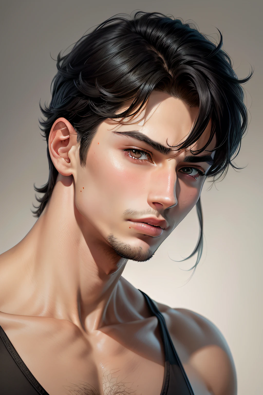 Boy, adult, angular, handsome, black hair, white skin, high nose, upturned mouth