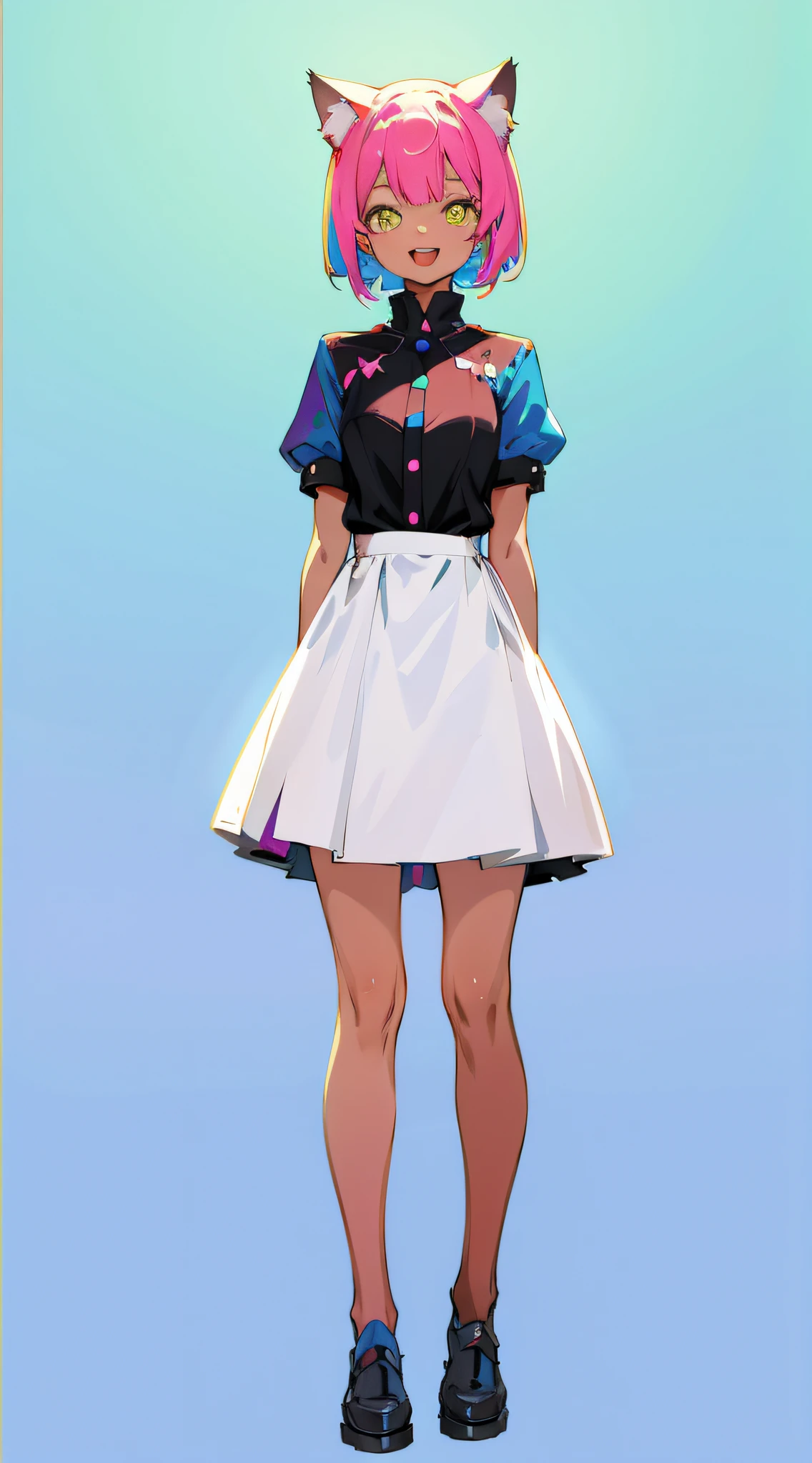 full body, upright, arms at sides, looking at viewer, pure-colored background, 1girl, open mouth, cat ears, smile, colored in "sychedelic" style