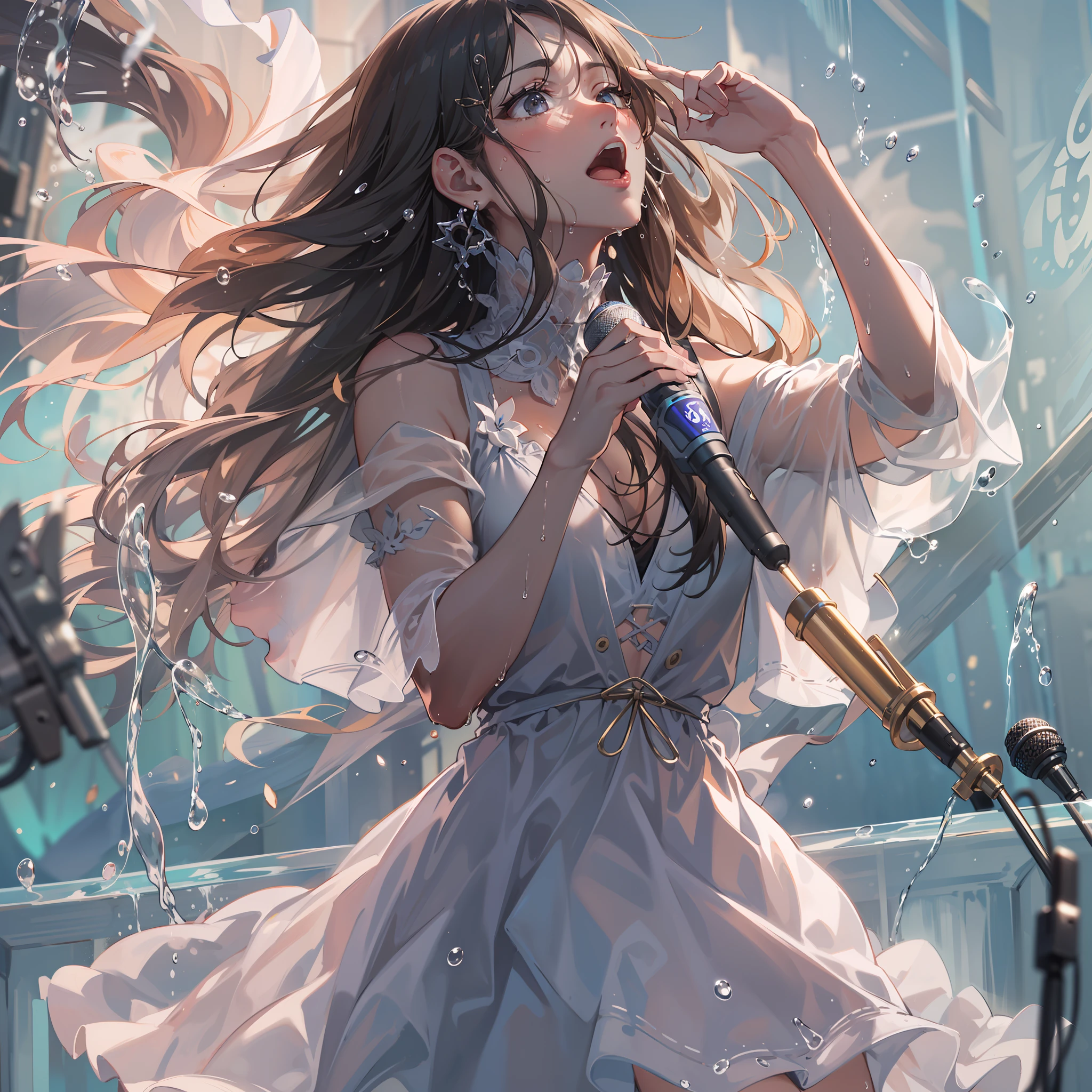 a sense of depth,concert,Water Splash Festival,Wet clothes,Blowing in the wind:1.1,See-through clothes:1.1,wave her hand,Idol,Hold the microphone:1.1,Sing a song:1.1,Sweat splashes,swet,4K, (Raw photo: 1.2), (Realism: 1.4), (masutepiece: 1.3), (exquisite detailing: 1.2), Delicate and beautiful details, (Eye Detail), (Facial Detailed), (Highest Quality:1.4),  (very detailed illustration),  Best Quality, Super Resolution,Wide light, natural shadows