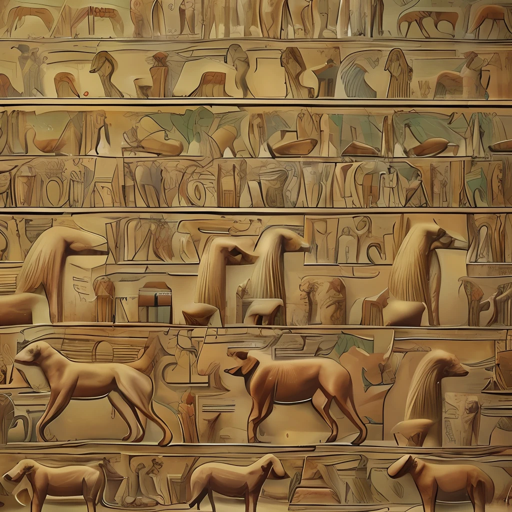 Egyptian inscriptions of dogs being worshipped, em paredes antigas, Dogs in place of the pharaohs, 8K, realista