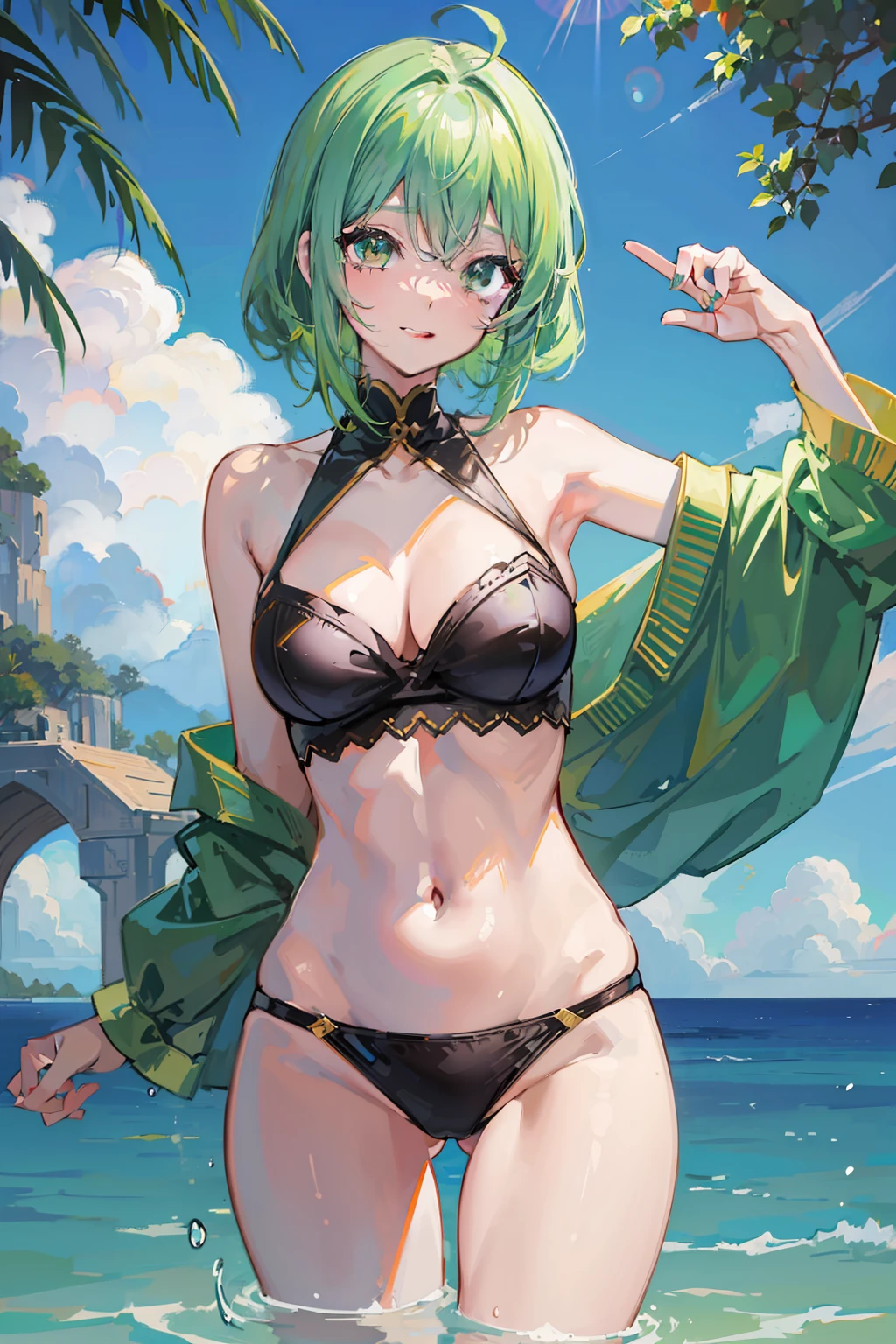 an anime girl、cute little、Green hair、best anime 4k konachan wallpaper, anime style 4 k、Trending on ArtStation pixiv, A sexy、A smile、View between legs、face perfect、Clothes with a thin stomach, Beautiful face, extremely detailed cute anime face