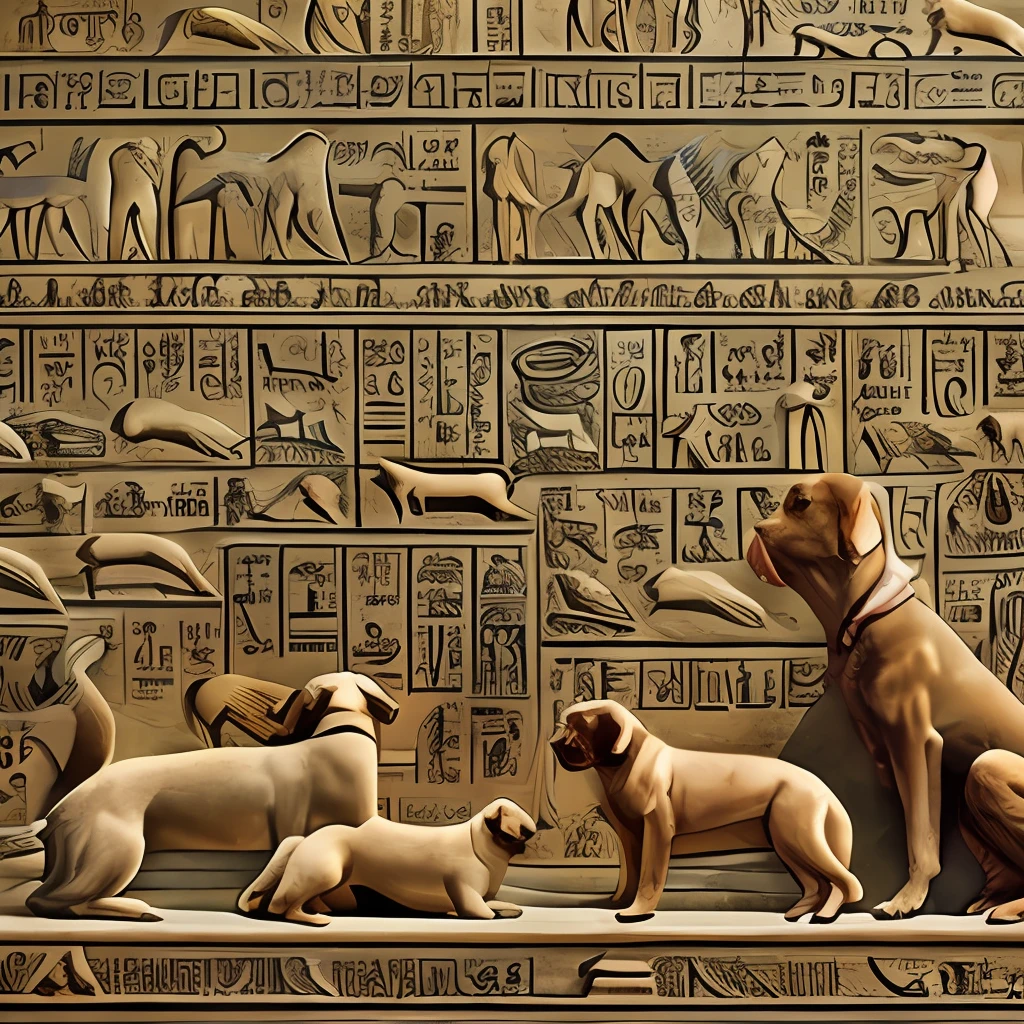 Egyptian inscriptions of dogs being worshipped, em paredes antigas, Dogs in place of the pharaohs, 8K, realista