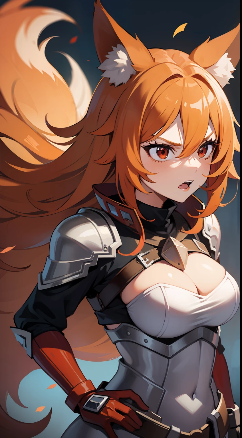 Adult woman, llong orange hair, fox ears, red-eyes, tight Korean armor, anger, Masterpiece, hiquality