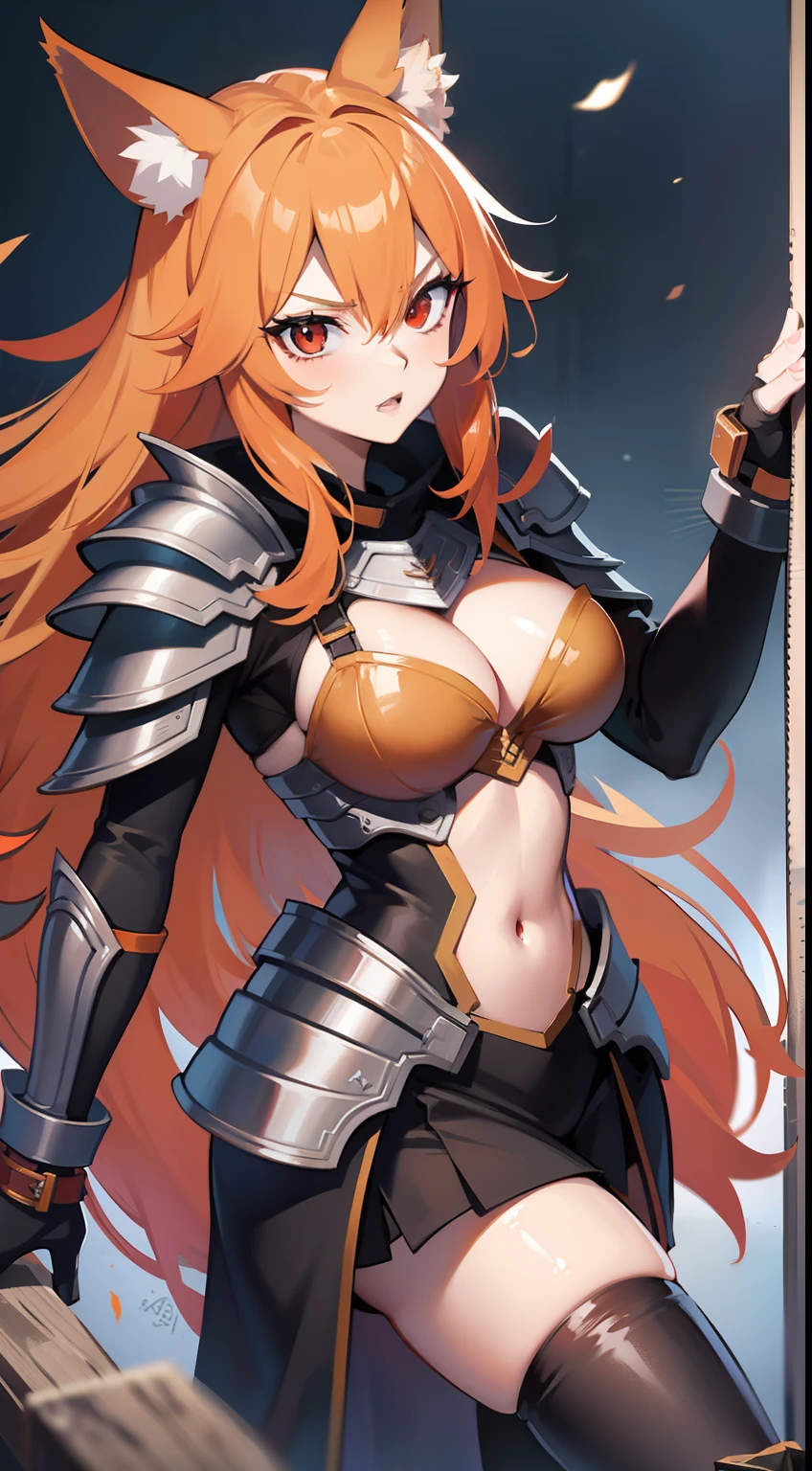 Adult woman, llong orange hair, fox ears, red-eyes, tight Korean armor, anger, Masterpiece, hiquality