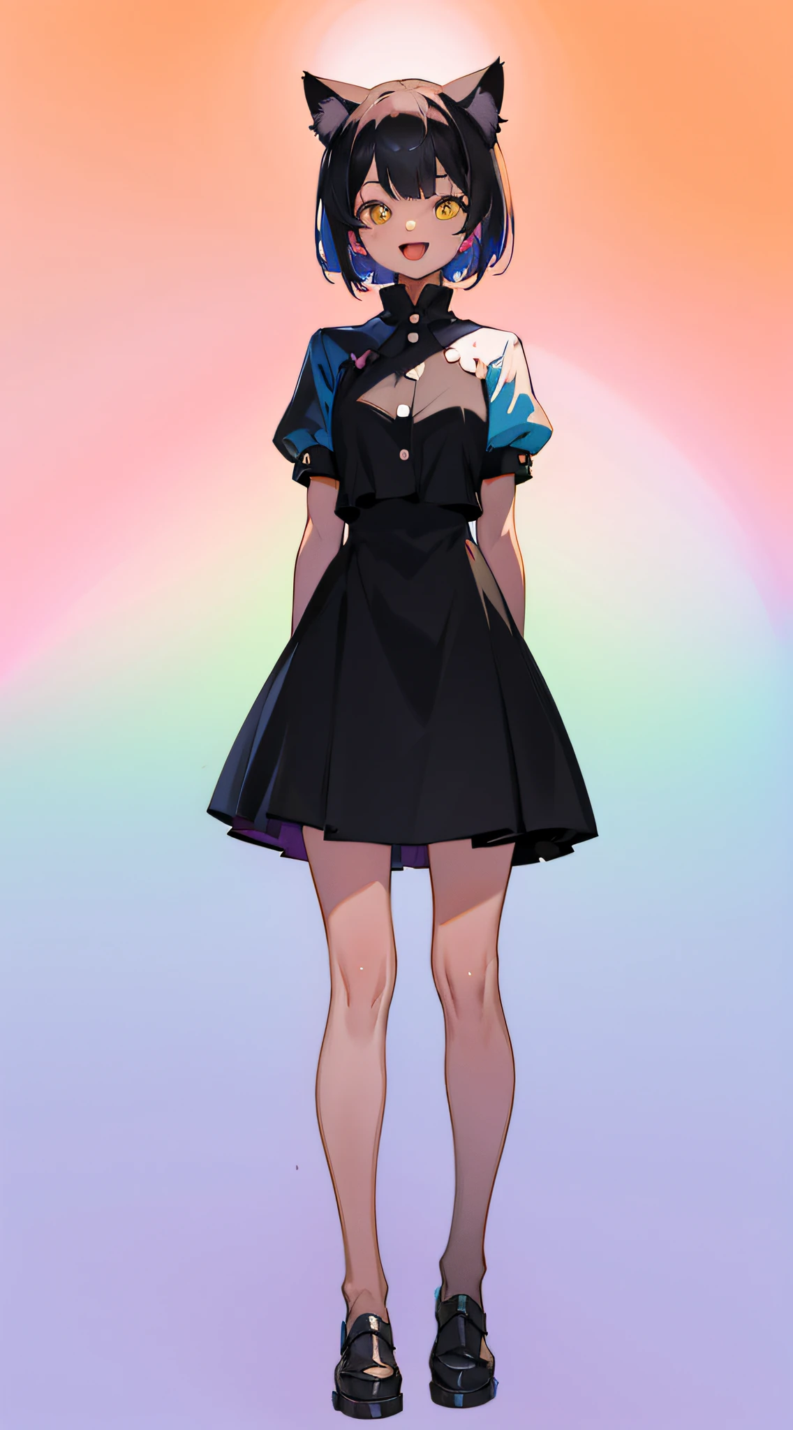 full body, upright, arms at sides, looking at viewer, pure-colored background, 1girl, open mouth, cat ears, smile, colored in sychedelic" style