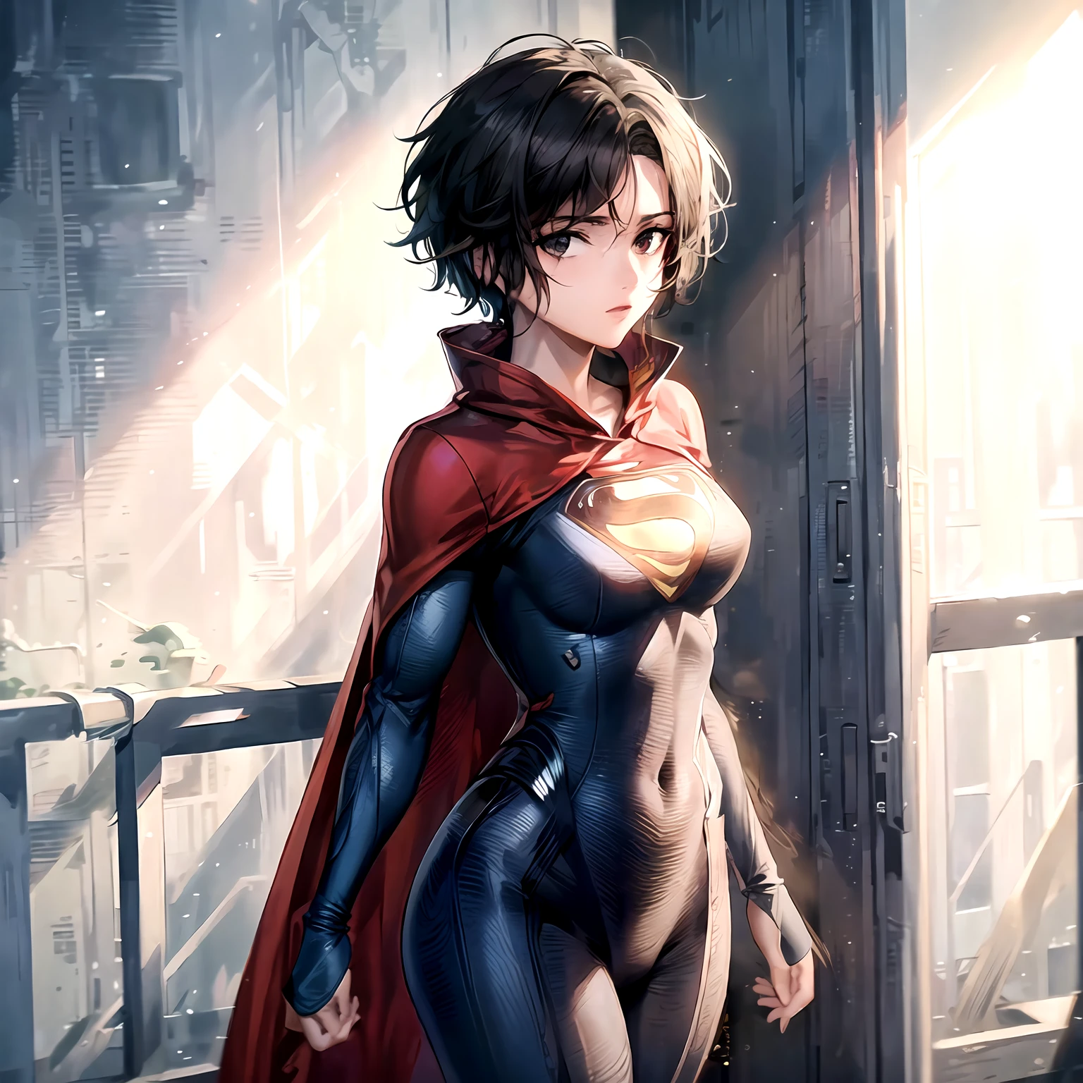 thight suit, looking at viewer, Masterpiece, Sasha calle, superman suit, short hair, black hair, red cape, perfect hands, Brown eyes, movie, actrees, side view, 1girl,