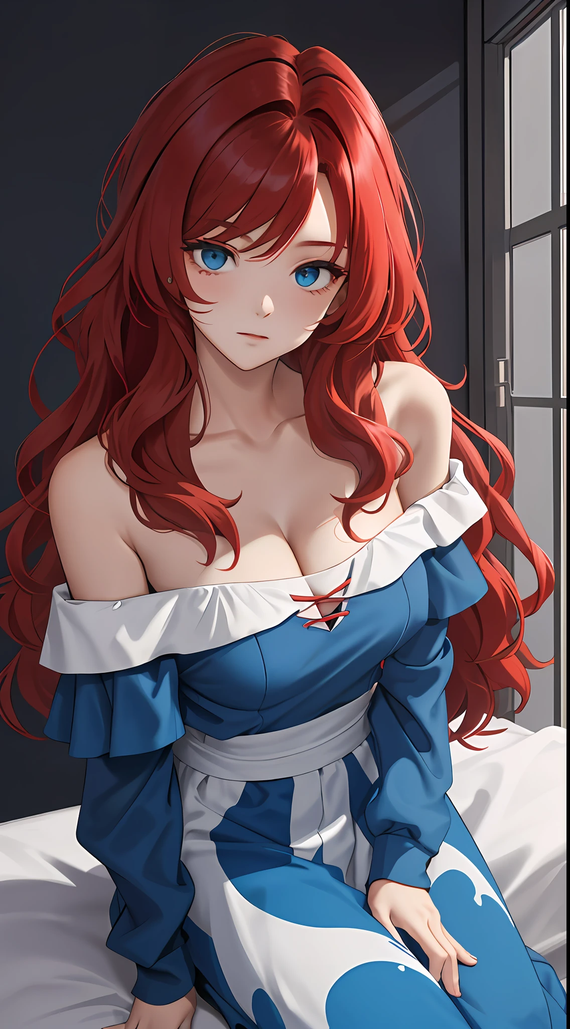 (tmasterpiece,best qualtiy:1.4),looking at viewert,Marginalized populations,{inside in room|exteriors|simplebackground},Off-the-shoulder attire,cleavage,Be red in the face
(wavey hair:0.8), long whitr hair, whaite hair,Blue Themes