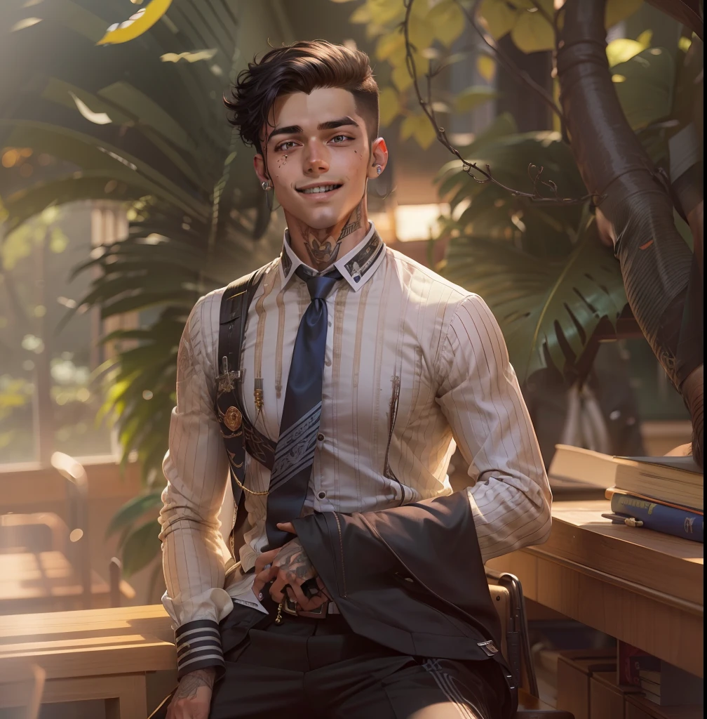 a handsome boy in school uniform, sitting in the class he smiling with his sharp teeth and he has piercing and tatto also he wearing headphone with intricate detail and complex detail