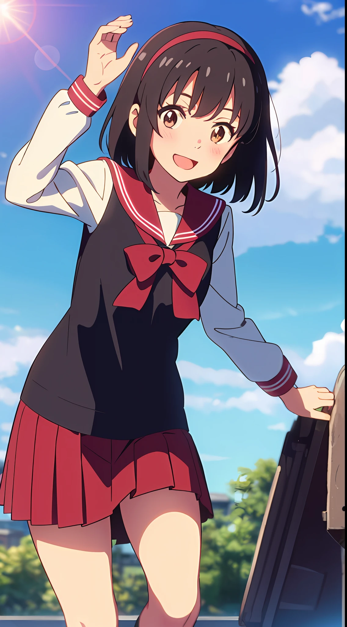 shinkai makoto, kimi no na wa., 1girl, bangs, black hair, blush, brown eyes, sky, cloud, sailor collar, red sailor collar, sailor color, red sailor color, serafuku, looking at the viewer, outdoors, headband, red headband, ribbon, red ribbon, bow, red bow, school uniform, short hair, solo, shirt, white shirt, skirt, red skirt, pleated skirt, long sleeves, smile, happy, open mouth, lens_flare, afternoon hangout