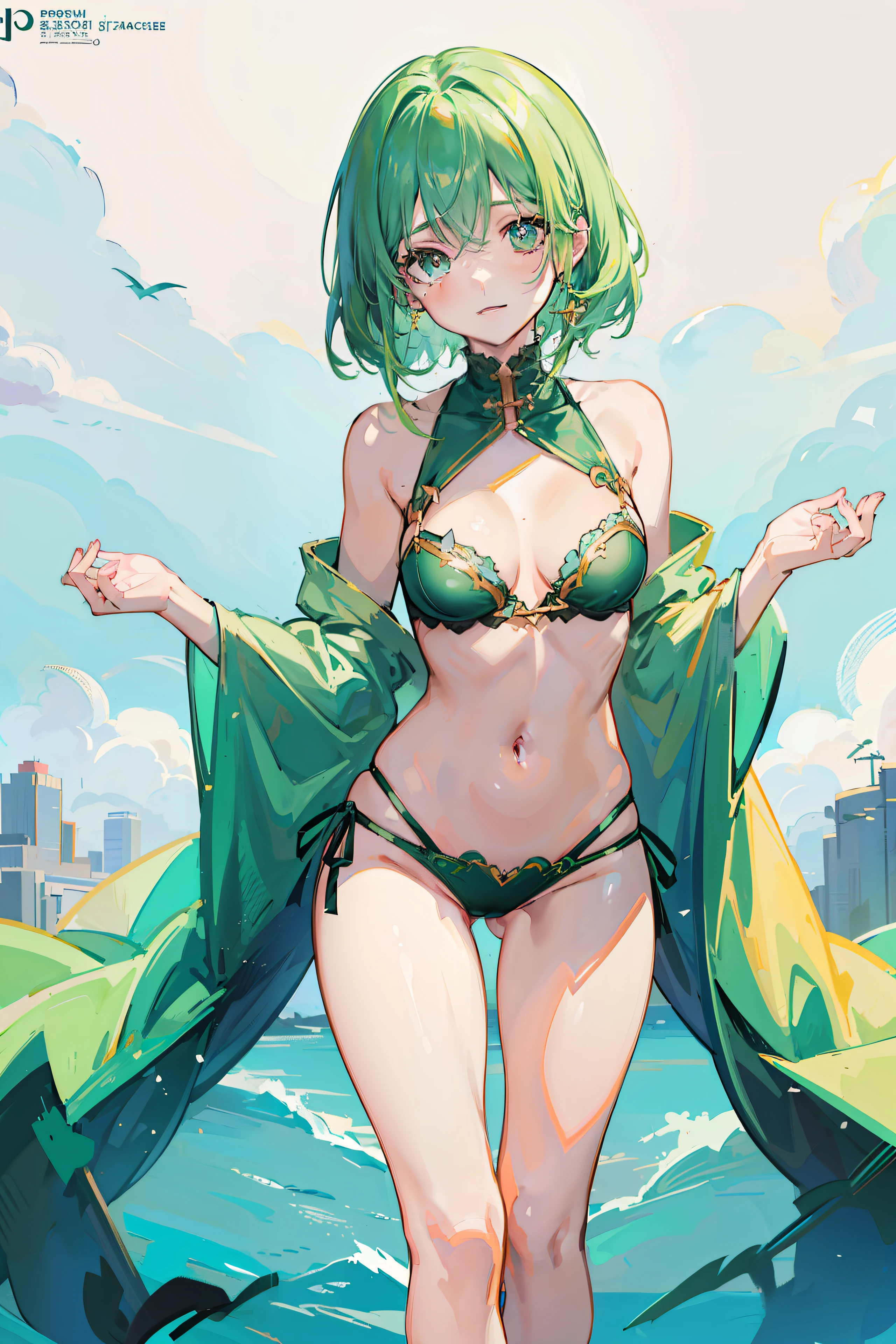 an anime girl、cute little、Green hair、best anime 4k konachan wallpaper, anime style 4 k、Trending on ArtStation pixiv, A sexy、A smile、View between legs、face perfect、Clothes with a thin stomach, Beautiful face, extremely detailed cute anime face