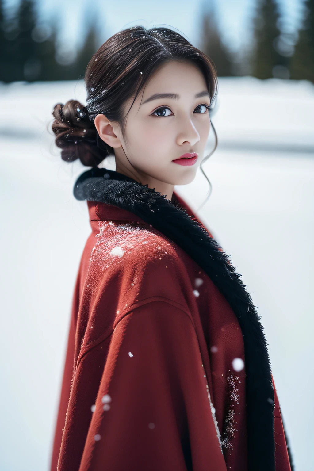 1 female,in snow,18yr old,(digital model:Nanako Matsushima 1.8),sideface,(Fine skeletal face,s delicate face),com rosto detalhado,(Traditional Japanese makeup),(Black colored eyes,(Look into the distance)) ,(Curly bun,((Windswept hair,Falling snow overhead))),Flaming red lips,Fair smooth skin,(Best Skin Type:1.21),(((Pure white kimono)),(Red inner collar+Red waist seal),masterpiece1.3,)((Hasselblad photograp)),(Close-up of avatar,Avatar photo),scene:Her skin beats snow in a blizzard,Black hair and red lips,Black dark lines on clothes,Red waist band,Beauty meets snow,Snow map style,8K分辨率, physically-based renderingt,profesional lighting,Surreal photography,exquisite detailing,详细的脸,The picture is pure,Perfect posture,Ultra-fine makeup,Ultra-fine clothing material