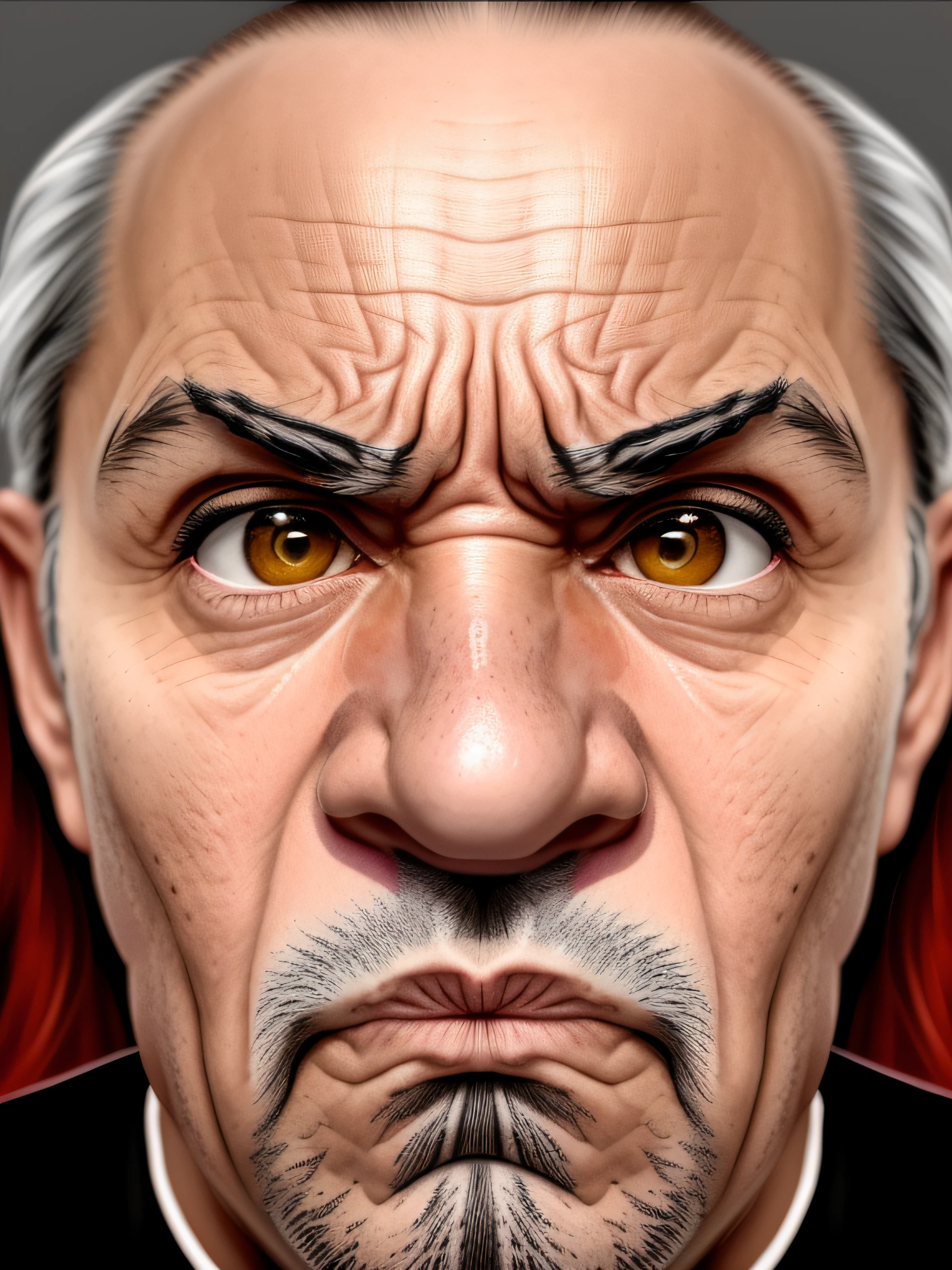 imagem arrogante de um homem com uma cara muito grande no rosto, face severa, stern expression, angry expression, mal-humorado [ velho ], angry facial expression, angry looking at camera, cara de raiva, homem zangado, very angry expression, arte digital muito realista, olhar irritado, cara de zangada, parecendo irritado, Scowling, olhar severo, pintura digital ultra realista