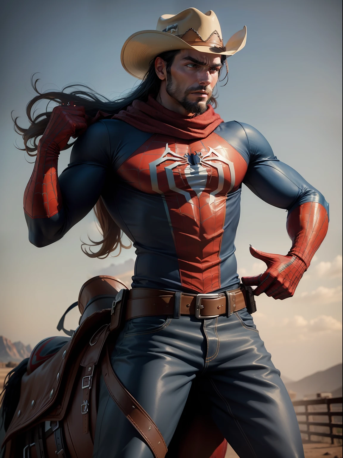 A Dramatic Spiderman as a cowboy ride a horse wearing Cowboys clothes, Cowboys hat and bring a pistol, cinematic, extreem realistic, extreem detailed, extreem Sharp, full body shot