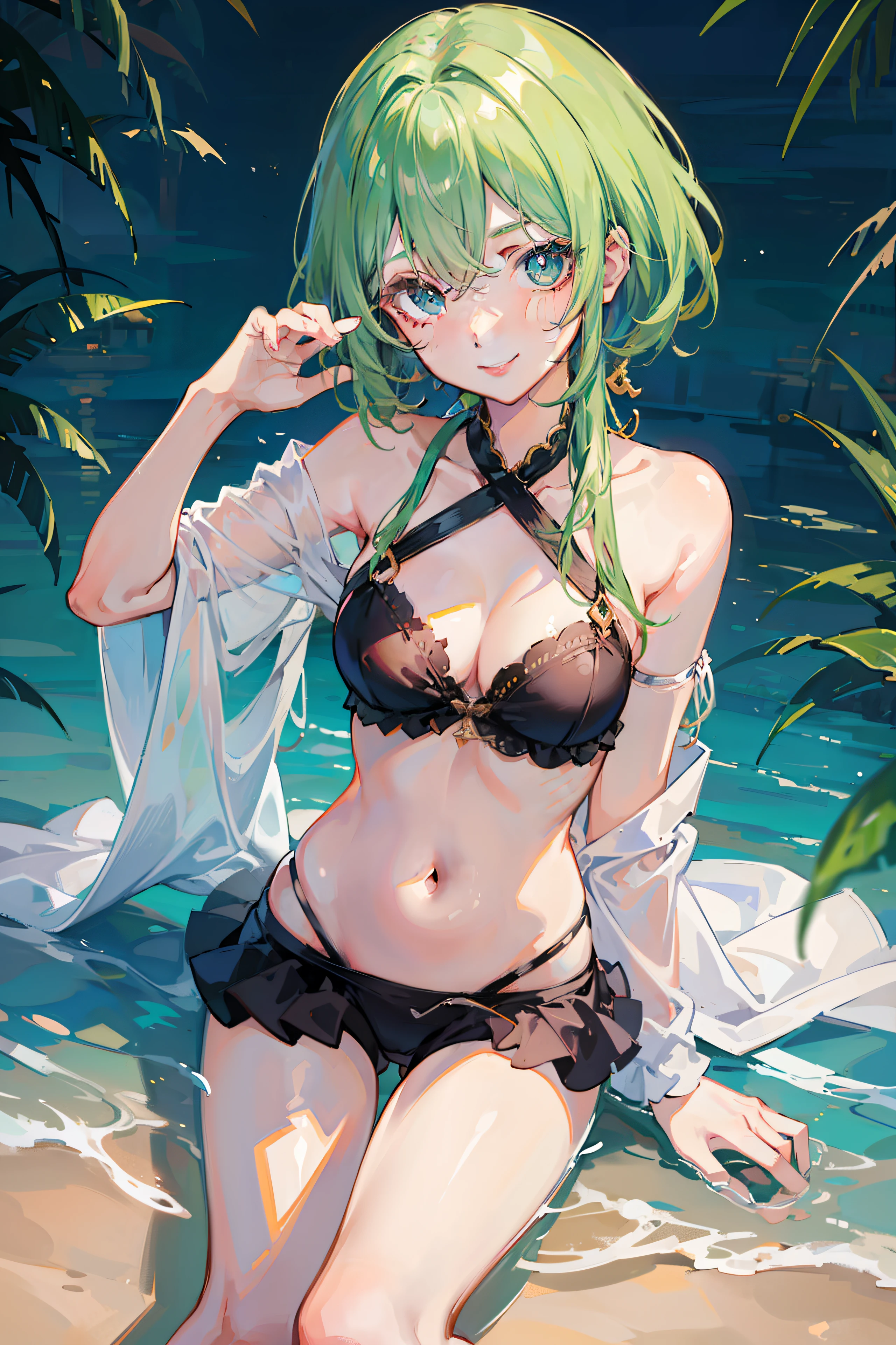 an anime girl、cute 、Green hair、best anime 4k konachan wallpaper, anime style 4 k、Trending on ArtStation pixiv, A sexy、A smile、View between legs、face perfect、Clothes with a thin stomach, Beautiful face, extremely detailed cute anime face
