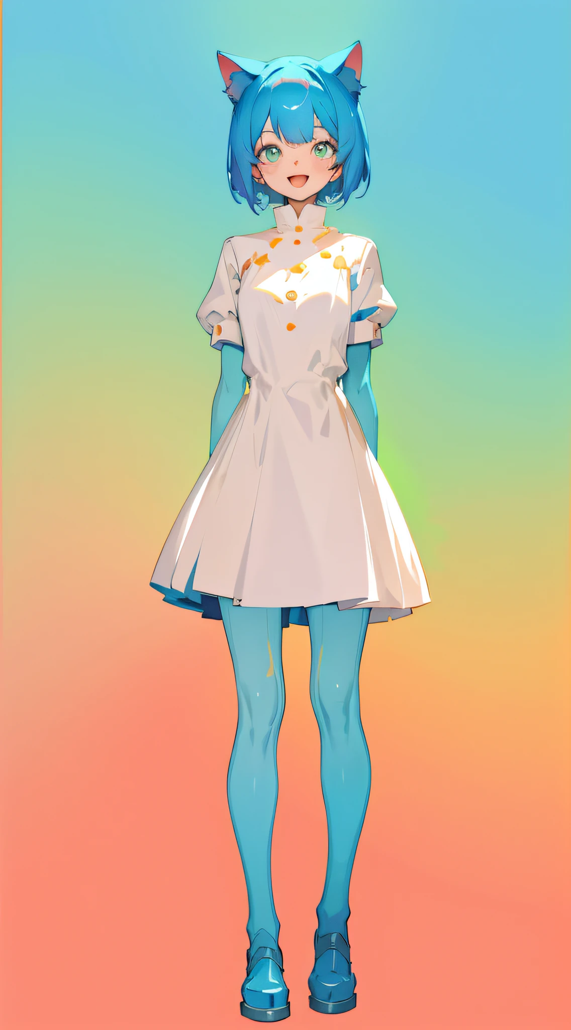 full body, upright, arms at sides, looking at viewer, pure-colored background, 1girl, open mouth, cat ears, smile, colored in Fractal style