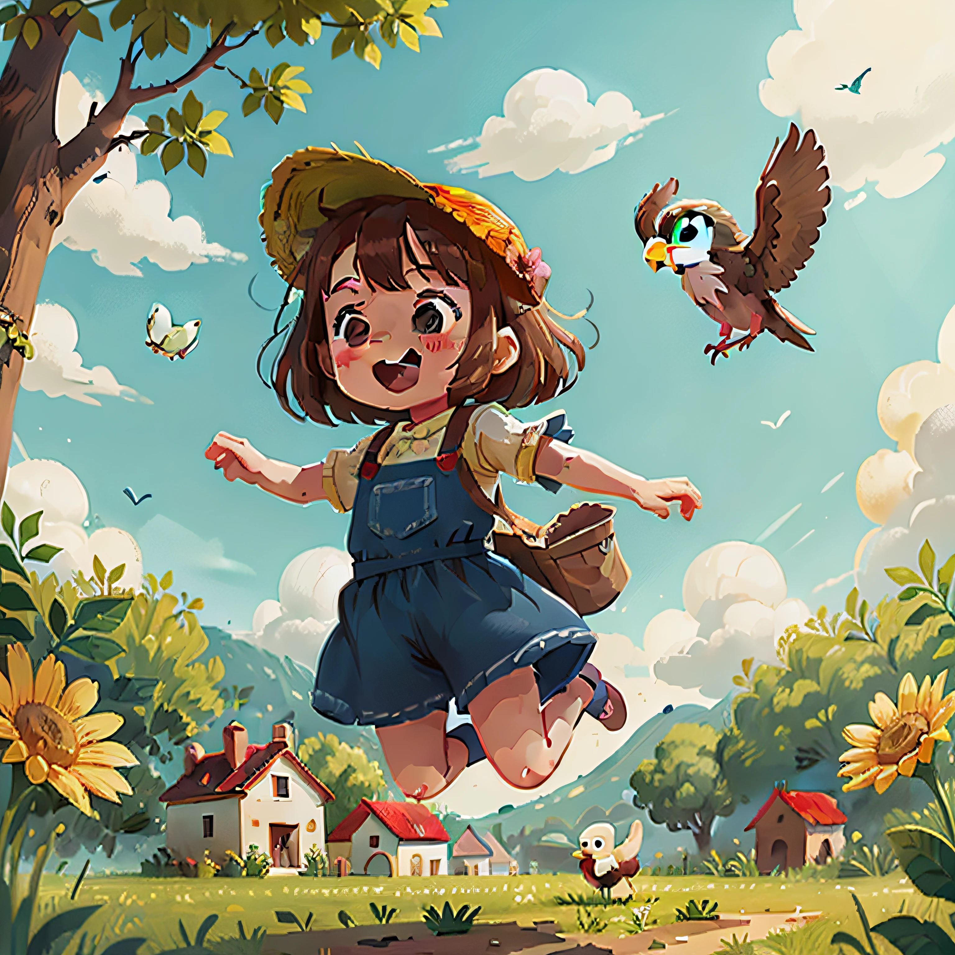 cute *********** jumping in the fields of spain and having fun with her pet bird