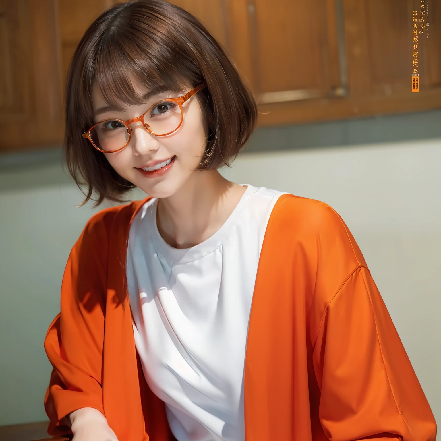 (Best quality, 8k, 32k, Masterpiece, UHD:1.2),Photo of Pretty Japanese woman, red round glasses,very short hair, frizzy brown hair,smile,UHD image,upper body,(orange suit:1.1),white T-shirt,looking at around