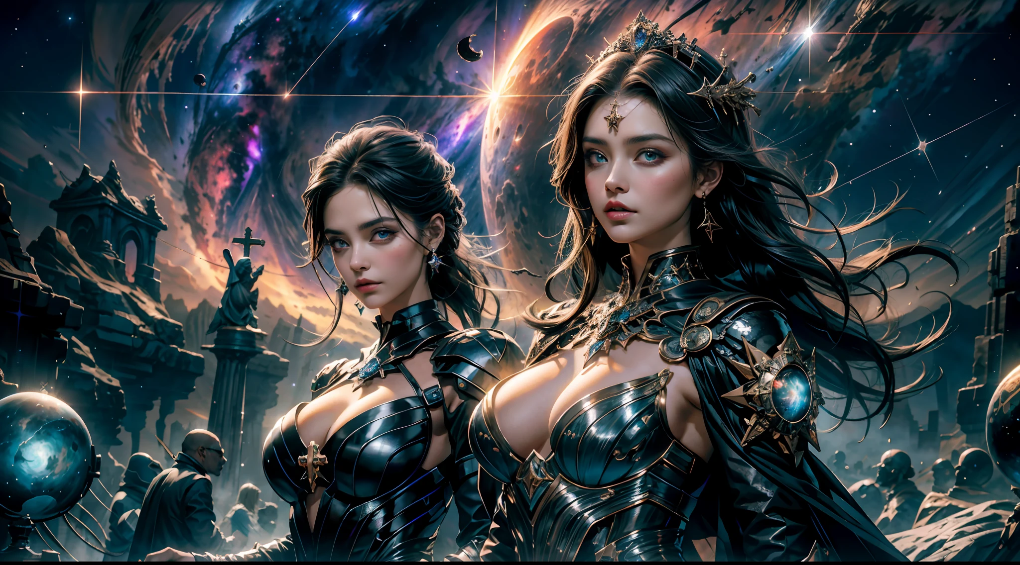 （tmasterpiece）， （best qualtiy：1.4）， absurderes， [：intricately details：0.2]， angelicales，Large breasts，crosses， galactic，starrysky，Huge nebula，solar eclipse， Mysterious symbol，dramatics