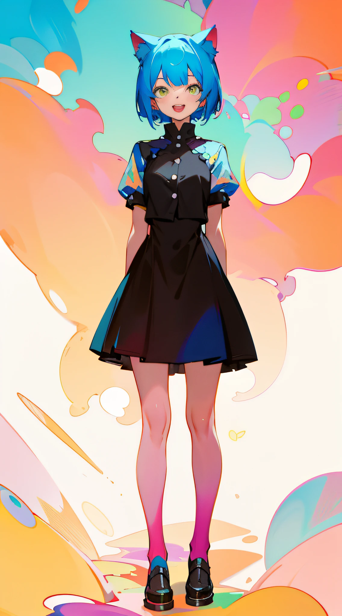 full body, upright, arms at sides, looking at viewer, pure-colored background, 1girl, open mouth, cat ears, smile, colored in Abstract expressionist style