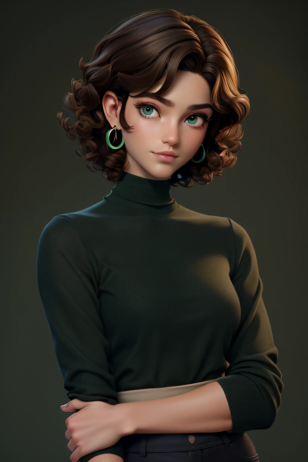 masterpiece, best quality, 1 boy, green eyes, dark skin, brown hair, short hair, curly hair, half up hair, earrings, solo, upper body, turtleneck, long shirt, simple background