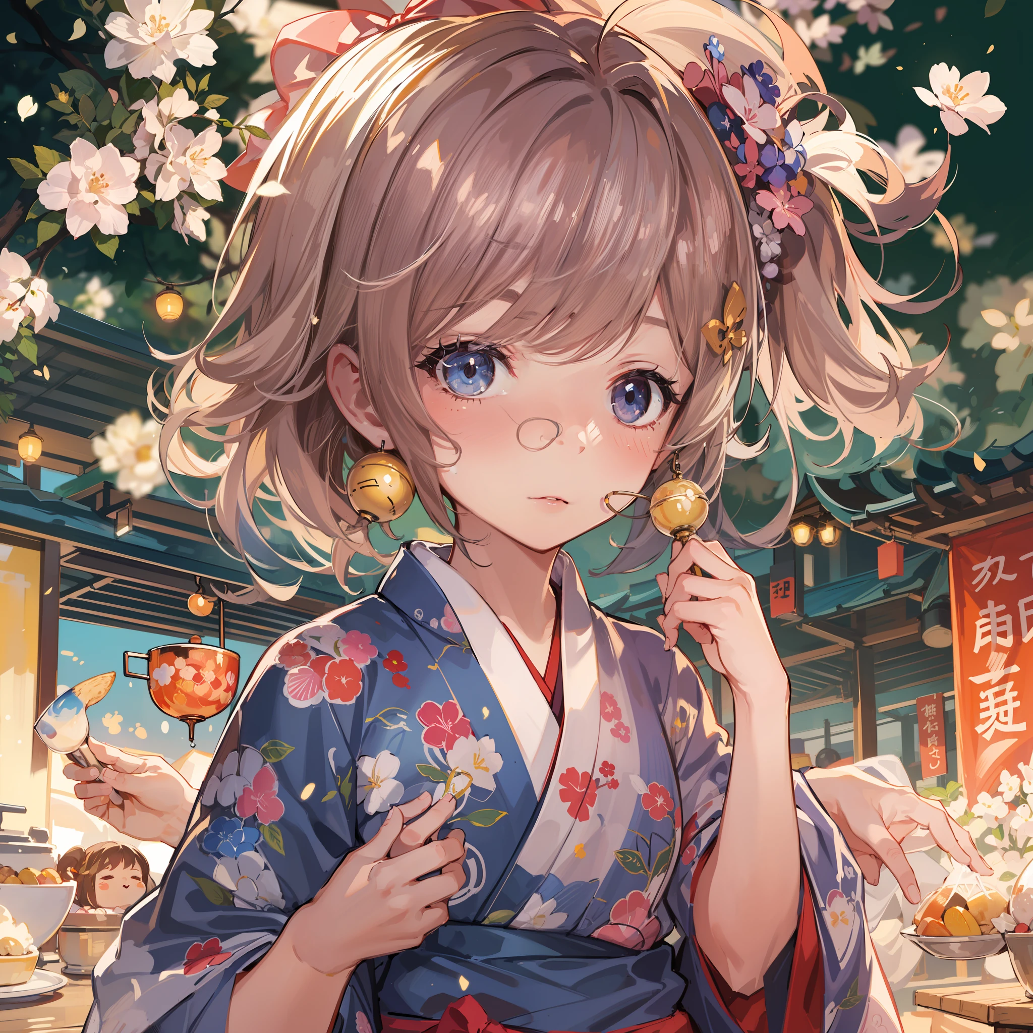 Chibi:1.5,Komono,Girl in Yukata,Blowing in the wind,Summer Festivals,natta,food stand,Spirit Stream,Big  Fireworks,poneyTail,(masutepiece: 1.3), (exquisite detailing: 1.2), Delicate and beautiful details, (Eye Detail), (Facial Detailed), (Highest Quality) :1.4), (Hyper-Resolution: 1.2), (very detailed illustration),Best Quality,depth of fields, Wide light, natural shadows