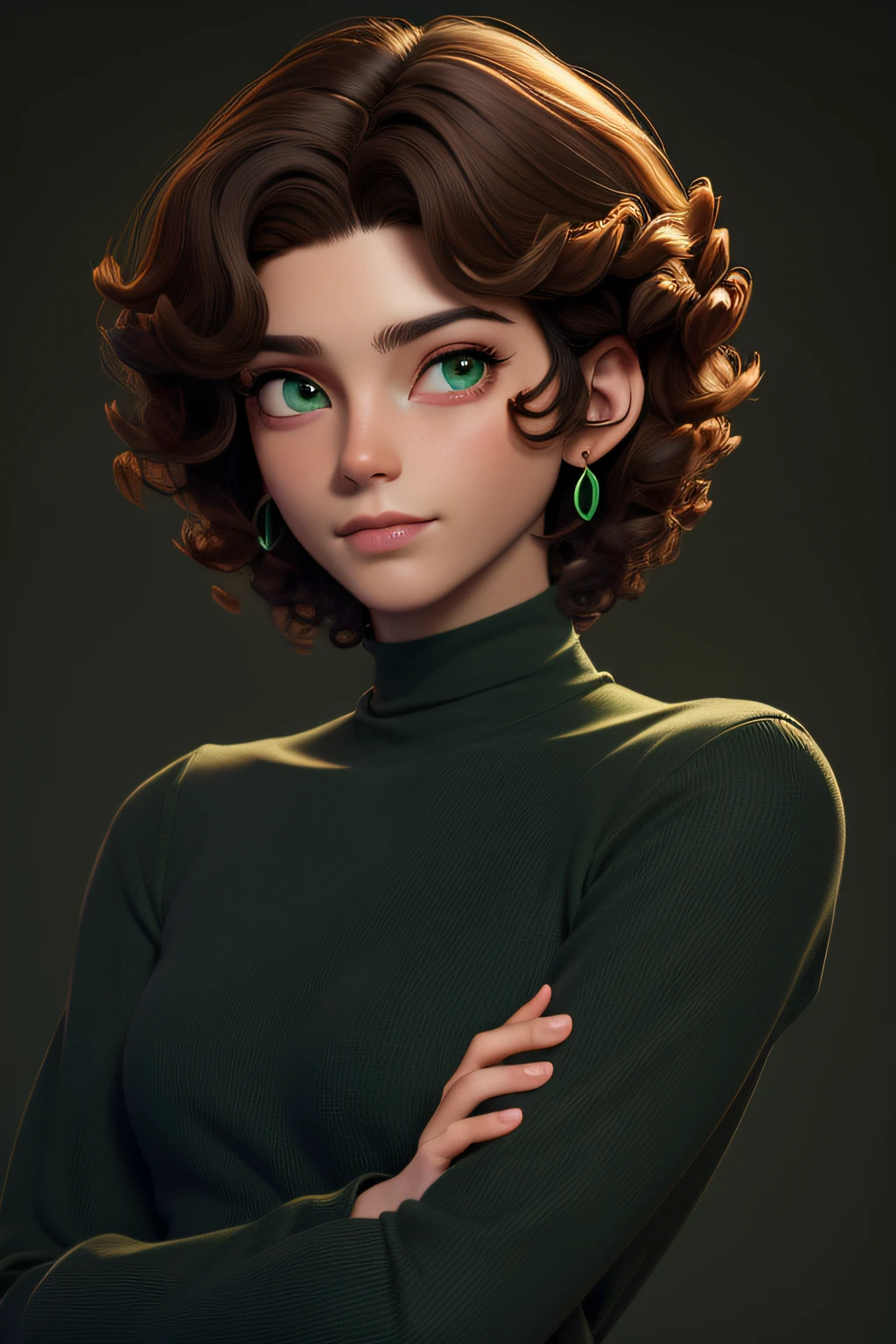 masterpiece, best quality, 1 boy, green eyes, dark skin, brown hair, short hair, curly hair, half up hair, earrings, solo, upper body, turtleneck, long shirt, simple background