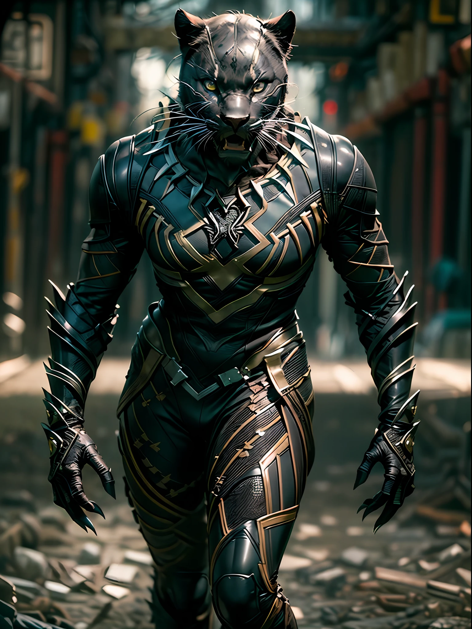 (high resolution, CGI, masterpiece:1.3), (detailed CGI image of a humanoid black panther wearing leather warrior armor:1.2), (Sony Alpha 7R IV camera, ideal for capturing intricate details:1.3), (paired with a Sony FE 85mm f/1.4 GM lens:1.3), (the panther's sleek and powerful form in focus:1.1), (the leather armor adorned with tribal markings:1.1), (her sharp claws and fangs glistening:1.1), (the forest enveloping the scene with lush greenery:1.1), (sunlight filtering through the foliage:1.1), (her intense gaze emitting a radiant glow:1.1), (a sense of primal grace and strength:1.1), (the atmosphere charged with mystery and power:1.1), (a breathtaking and mesmerizing image of a majestic humanoid panther in her natural habitat:1.1), Cinematic, Hyper-detailed, insane details, Beautifully color graded, Unreal Engine, DOF, Super-Resolution, Megapixel, Cinematic Lightning, Anti-Aliasing, FKAA, TXAA, RTX, SSAO, Post Processing, Post Production, Tone Mapping, CGI, VFX, SFX, Insanely detailed and intricate, Hyper maximalist, Hyper realistic, Volumetric, Photorealistic, ultra photoreal, ultra-detailed, intricate details, 8K, Super detailed, Full color, Volumetric lightning, HDR, Realistic, Unreal Engine, 16K, Sharp focus, Octane render