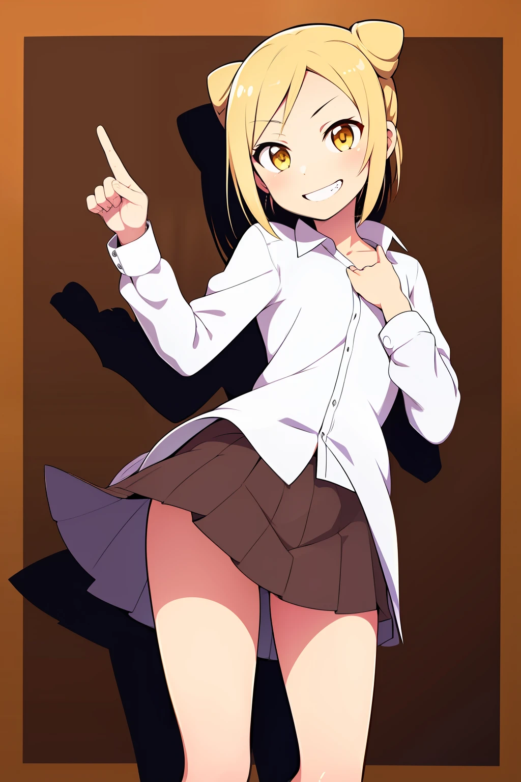 1girl, blonde_hair, commentary_request, cone_hair_bun, demi-chan_wa_kataritai, double_bun, dress_shirt, fang, fangs, fingersmile, grin, hair_bun, head_tilt, highres, looking_at_viewer, sakais3211, school_uniform, shirt, short_hair, smile, solo, swept_bangs, takanashi_hikari, upper_body, vampire, white_shirt, yellow_eyes