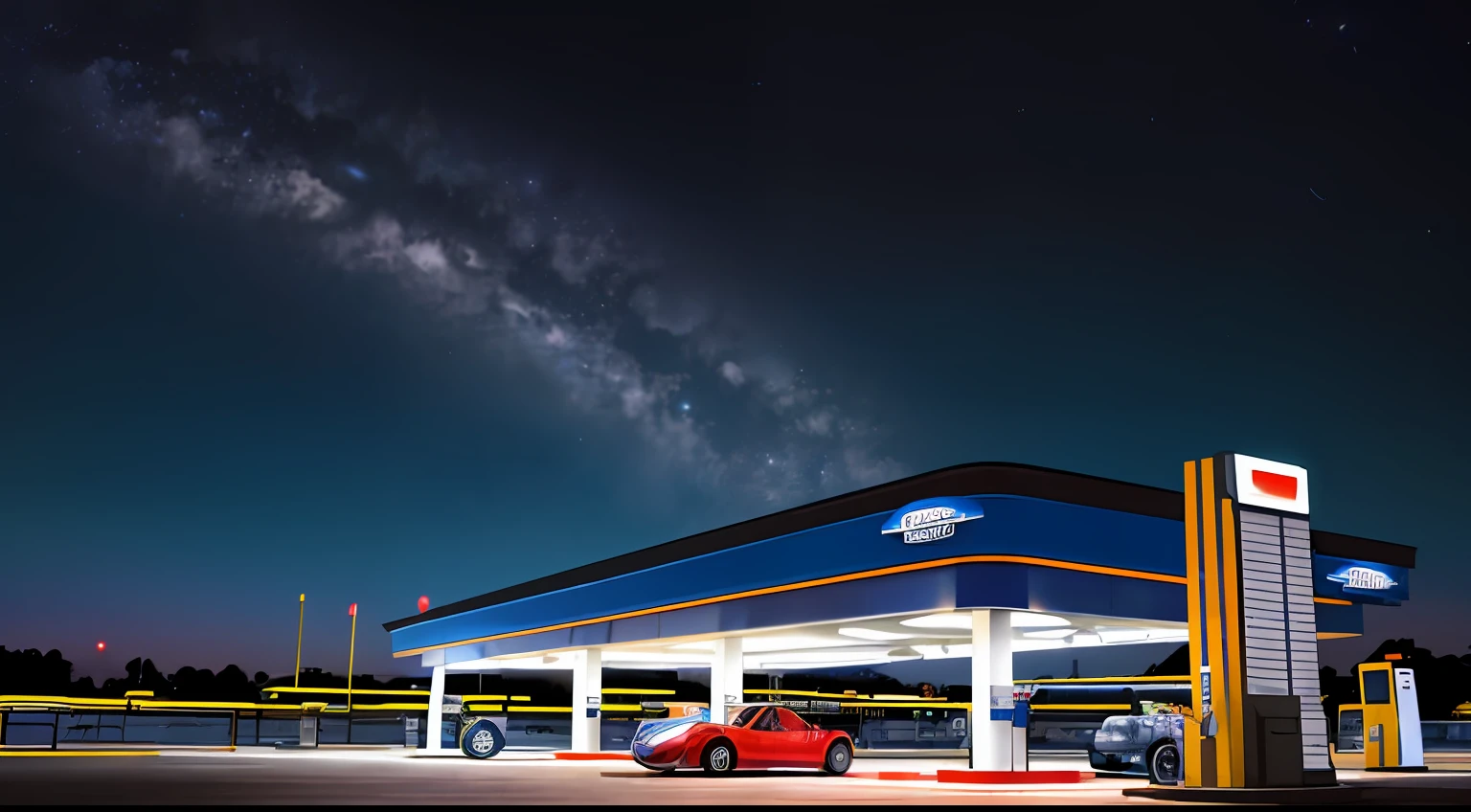 (Masterpiece, Best quality),gasstation,Canopy,pillar,petroleum,chemical industry,morden style, Technologie,Simple,Contrast,The color is bright,Space elements,epcot,photographrealistic, hyperedetailed photo, Clean skies, Cart,One guy,The atmosphere is lively,城市, cyber punk perssonage